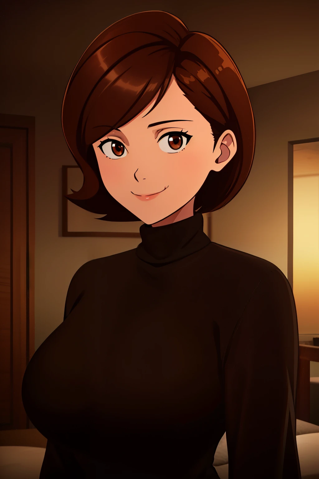 helen parr, masterpiece, best quality, solo, brown hair, brown eyes, turtleneck, sweater, smile, short hair, turtleneck sweater, black sweater, 1girl, upper body, closed mouth, indoors, portrait, black sweater, huge breasts