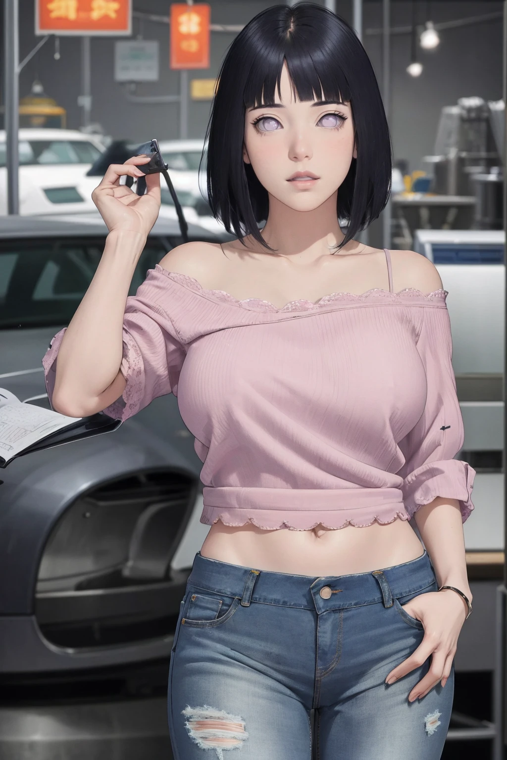 masterpiece, absurdres , (intricate details), (colorful),cinematic lighting,extremely detailed CG unity 8k wallpaper ,hinata\(boruto\), 1milf, mature soft expressions, short-hair, ((black tank-top),(denim hotpants)), (sleeveless), huge breasts,bracelwt,wedding ring, cowboy shot, looking back, looking at viewer,smile, red lips, outdoors, lavender flower field,flower, day, cloudy sky, wind, floating hair, falling petals, anime screencap,BREAK, surrounded by black guys,