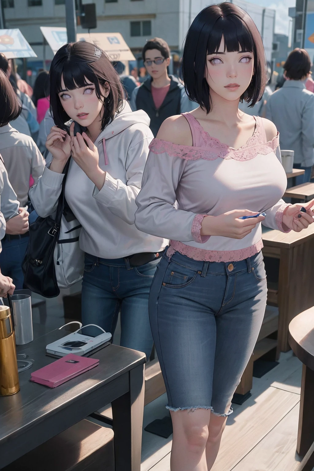 {-erro_de_anatomia:1.0}(Masterpiece - Ultra-Detailed, High Resolution) Masterpiece, absurderes, Hinata\(Boruto\), 1girll, Solo,Mature female, Off-the-shoulder lace shirt, When looking at the camera, Perfect composition, Detailed lips, big breast, Beautiful face, body propotion, Blush, (Pink lips), short hair, Purple eyes, Soft gaze, Super realistic, Detailed, photoshoot, Realistick faces and bodies, whole body, standing, looking at the camera, jeans