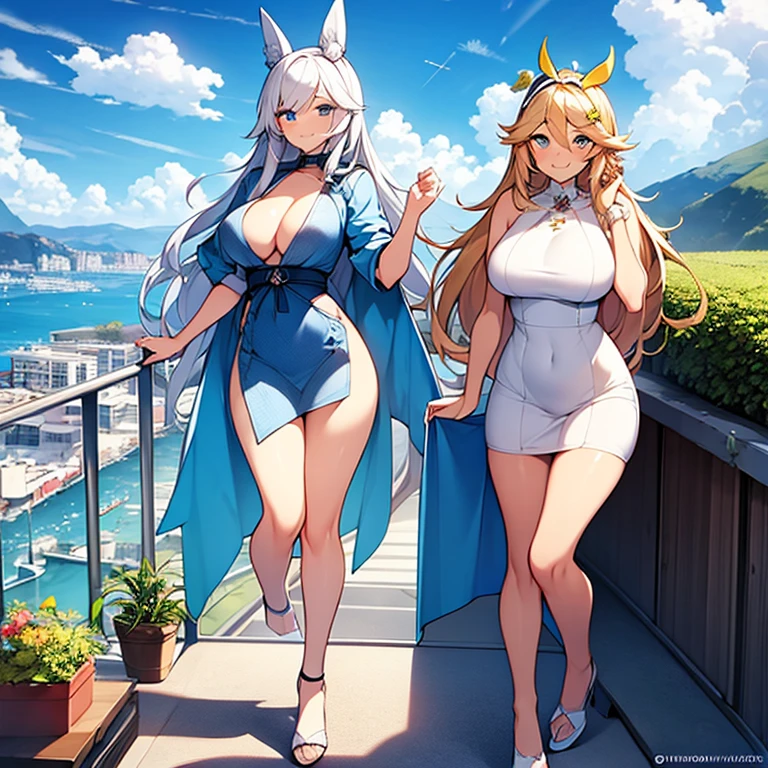 Sunshine, white clouds, fluffy clouds, slender, smile, view, long straight hair, building, dynamic hair, shining blue eyes, hair accessories, epic views, full body photos, big strong breasts, thin naked clothes, women