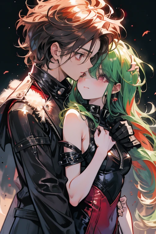 a brown haired female vampire with red eyes is kissing an emerald haired man with caramel eyes in a leather outfit
