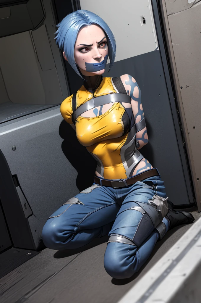 (masterpiece, best quality:1.2), 1girl, solo, tattoo, short hair, blue hair, breasts, makeup, gloves, pants, belt, large breasts, blue lips, science fiction, denim, single glove, bodysuit, jeans,  perfect skin, beautiful, detailed face, (taped mouth), tape gag, gag, gagged, mouth taped, arms bound behind back, elbows taped, wrists taped, taped legs, taped arms, knees taped, frightened, pleading eyes, desperate escape attempt, kidnapped, white panel van, back of van, in van, in vehicle, plastic tarps on floor, blood stains, rags, 