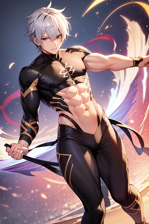 young boy, short gray hair, Cat's ears, Heterochromia, Yellow left and brown right eyes, tattoo, open torso, Pants of a Chinese general, swords, Masterpiece, hiquality