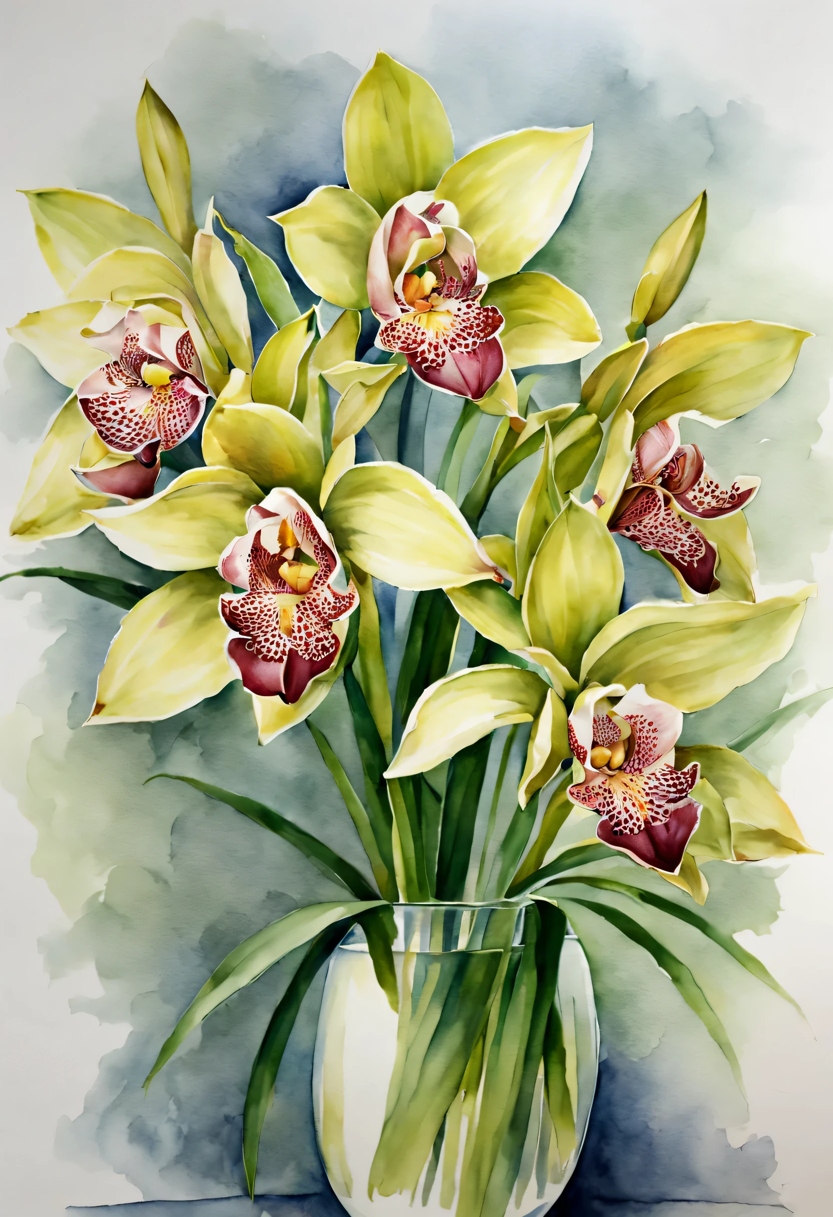 Watercolor flowers, cymbidium, (masterpiece), (highest quality), (Ultra high detail)