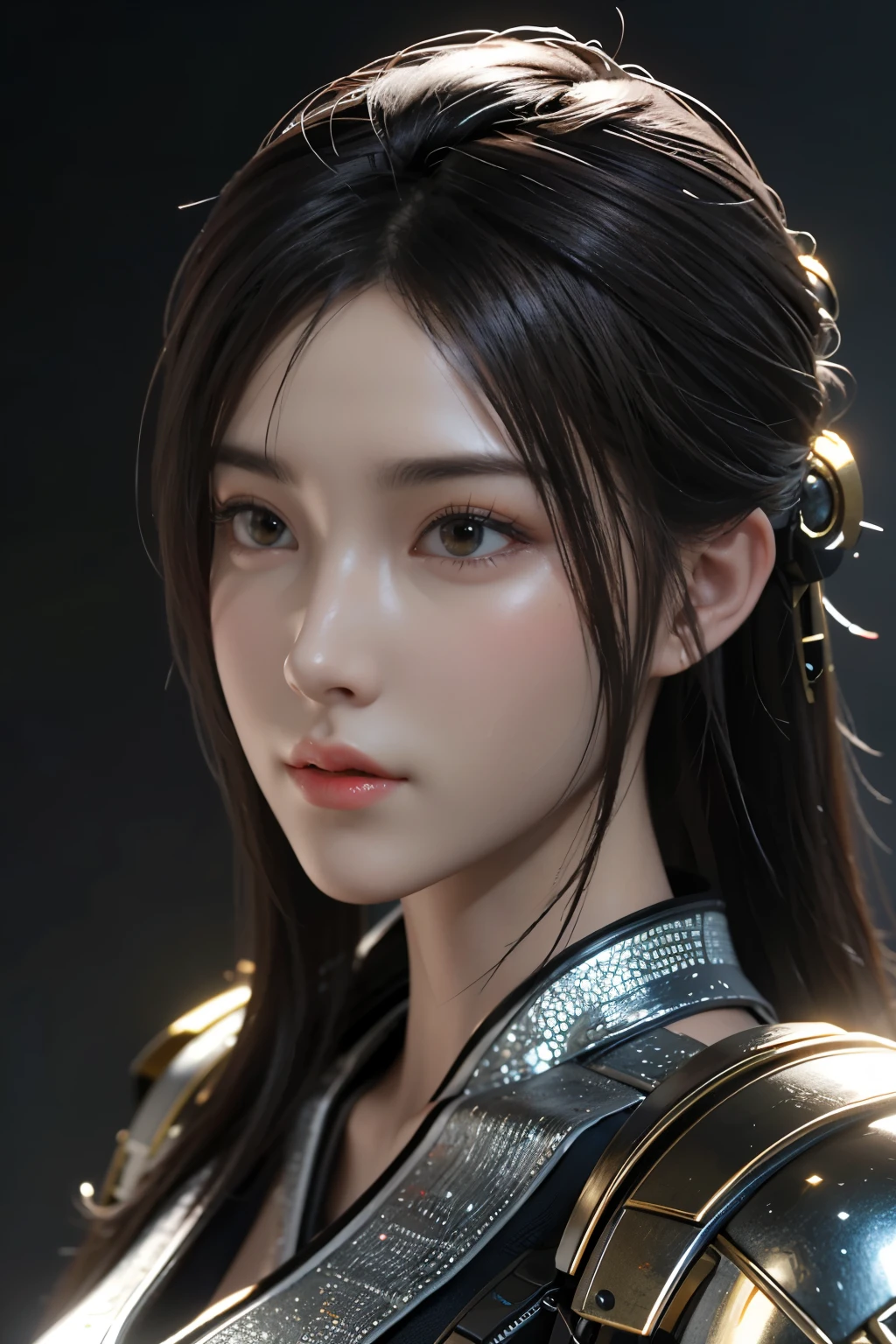 Game art，The best picture quality，Highest resolution，8K，((A bust photograph))，((Portrait))，(Rule of thirds)，Unreal Engine 5 rendering works， (The Girl of the Future)，(Female Warrior)，22岁少女，(Hair random)，(Future-style military wear，A beautiful eye full of detail)，(Big breasts)，(Eye shadow)，优雅迷人，微笑，(皱眉)，(Clothes full of futuristic sci-fi style，Sweater，A delicate pattern，Glittering jewels，Armor，White and red)，赛博朋克人物，未来风格， 拍照姿势，街道背景，Movie lights，Ray tracing，Game CG，((3D Unreal Engine))，oc渲染反射纹