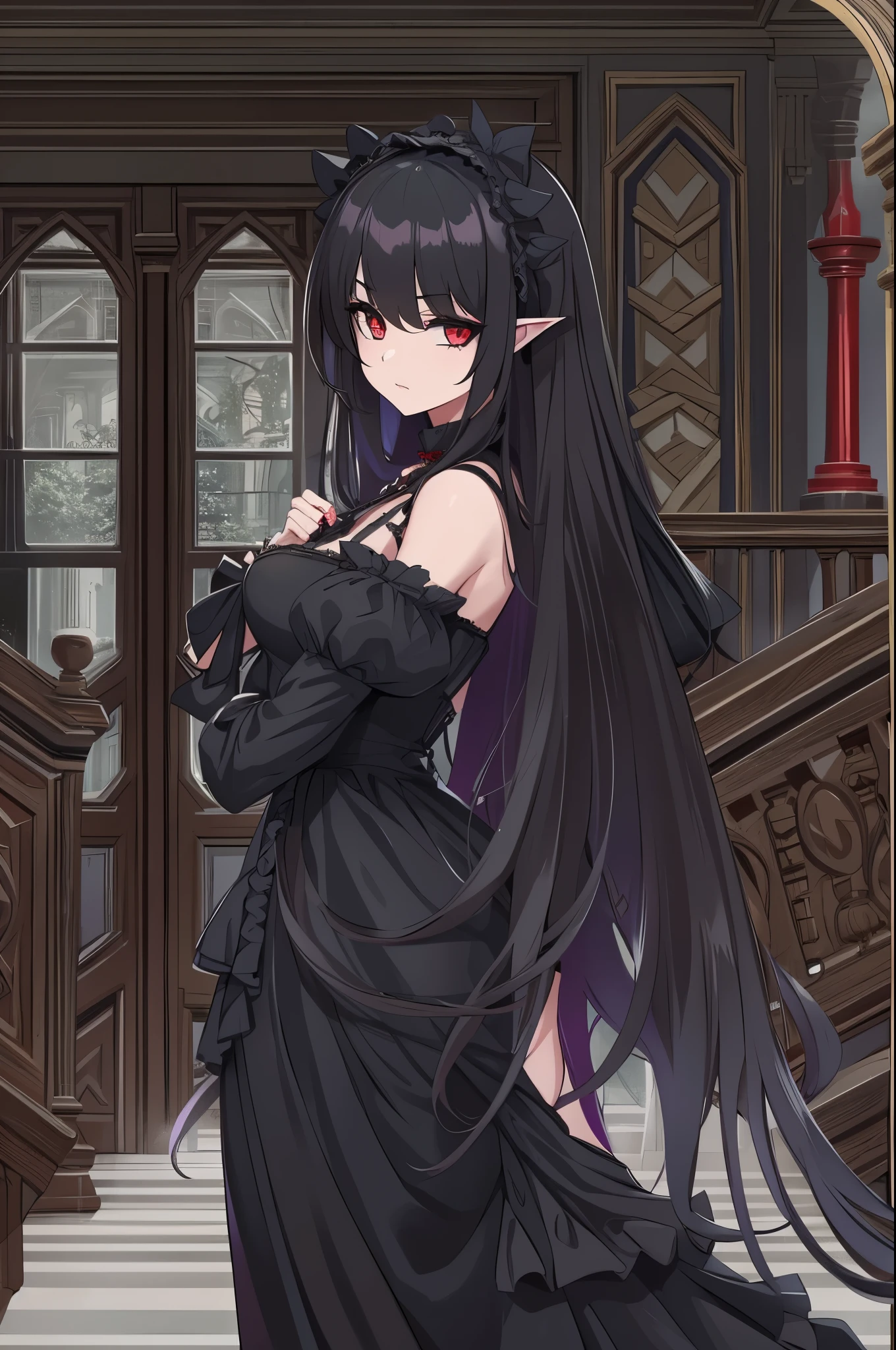 anime, goth girl, elf ears, emo girl, long hair, lolita hair, gothic dress, black dress, victorian dress, gothic art style, in a mansion, long silky black hair down to Back, bangs, long straight black hair, ruby red eyes, black mascara, black gothic dress, long elf ears, dark red lipstick