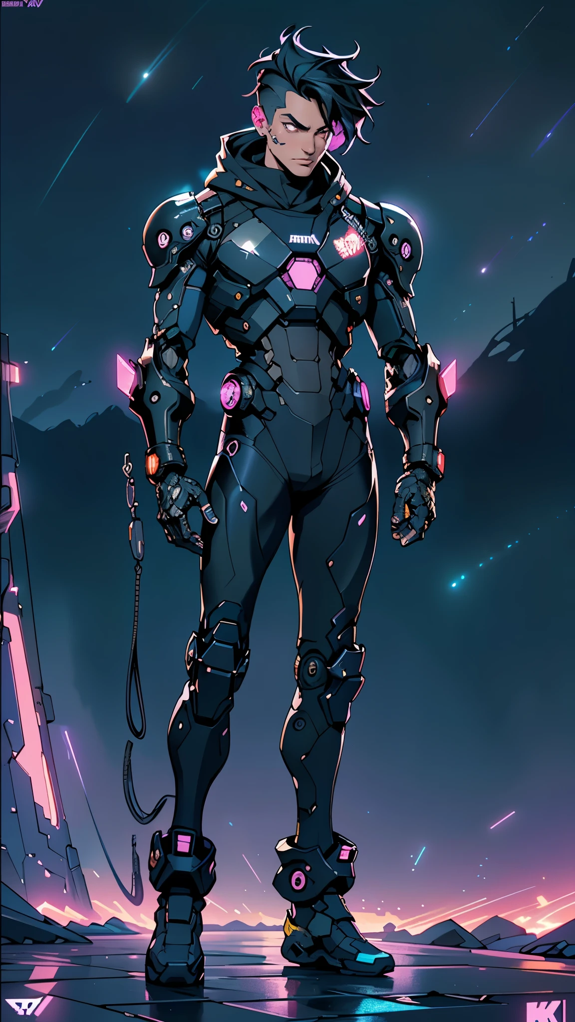 Robot Skull, armored, stealth, Character design, Highly detailed, Intricate details,Mechanical wonder, Cyberpunk, Cybernetic Guardian,male form,skull head,
(dynamic pose:1.0),solo focus,(centered,scale to fit dimensions,Rule of thirds),
cyberpunk city by the ocean at night, with bright neon signs and dark stormy clouds and puddles, scenery:1.25,nighttime, starry night, cosmos,Very dark night that makes the neon lights stand out, very bright neon lights,nighttime, starry night, cosmos,
highres, sharp focus, (ultra detailed, extremely detailed), (photorealistic artwork:1.37),(extremely detailed CG unity 8k wallpaper),((synthwave background theme)),(((vibrant colors))),(intricate background),(masterpiece),(best quality),