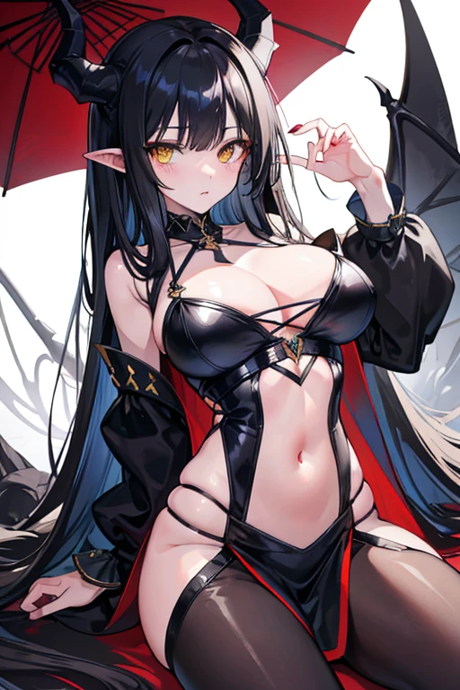 (masterpiece), best quality, expressive eyes, perfect face,a beautiful pointy horned demon girl with long black hair, yellow eyes, big breasts, slim waist, very beautiful, dutch angle