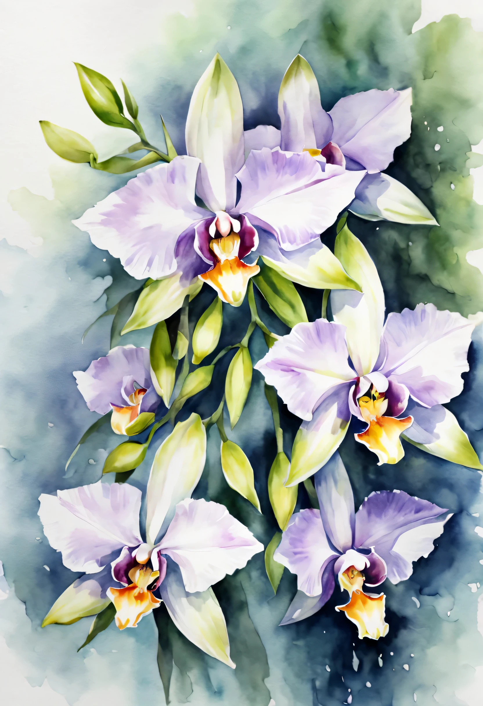 Watercolor flowers, Dendrobium, (masterpiece), (highest quality), (Ultra high detail)