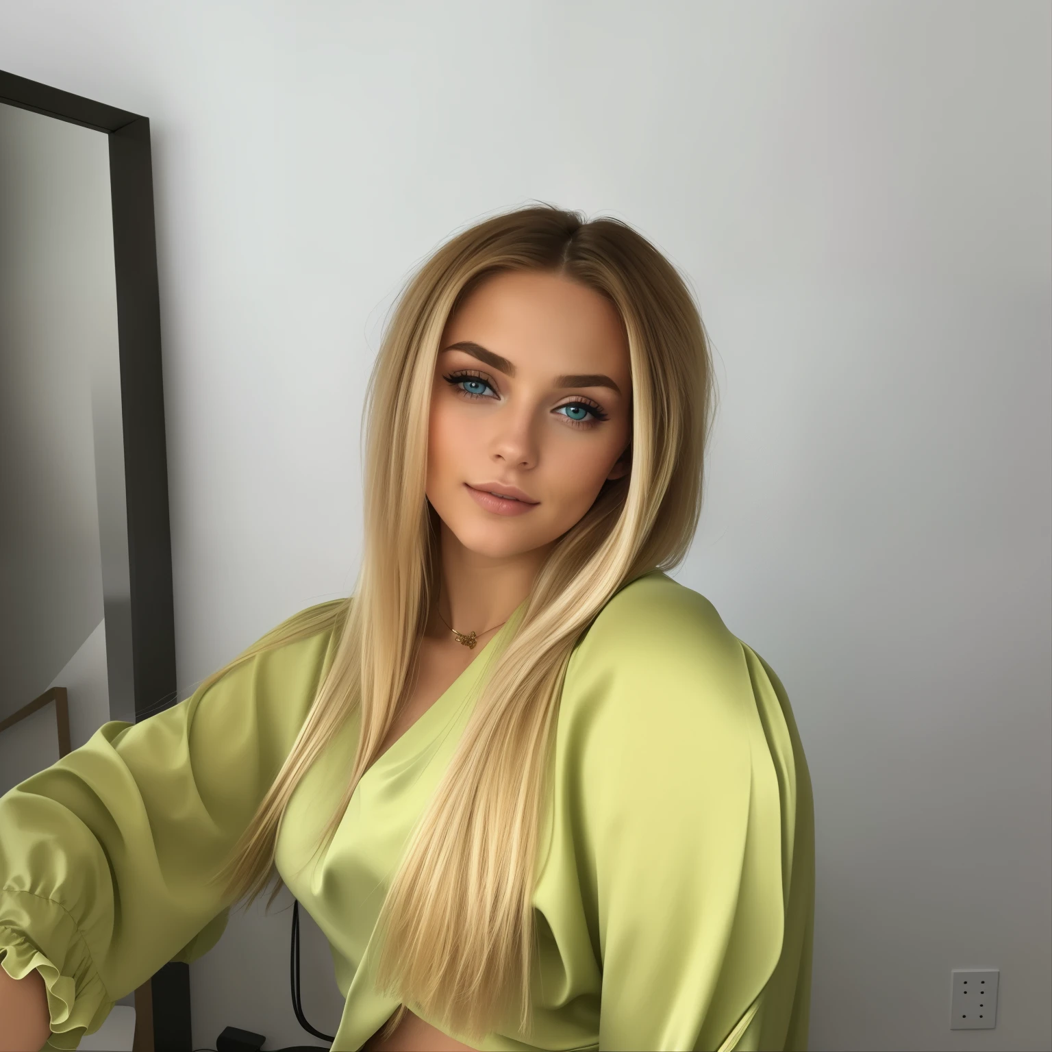 a close-up of a woman in a green top and skirt, Brunette with dyed blonde hair, Gerade Frisur, glattes blondes Haar, Blondes glattes Haar, ihr Haar lang und glatt, stunning beauty, a beautiful blonde, langes glattes blondes Haar, Beautiful blonde hair, seidiges blondes Haar, breathtaking beauty, langes leuchtendes buntes Haar, mit sehr langen blonden Haaren