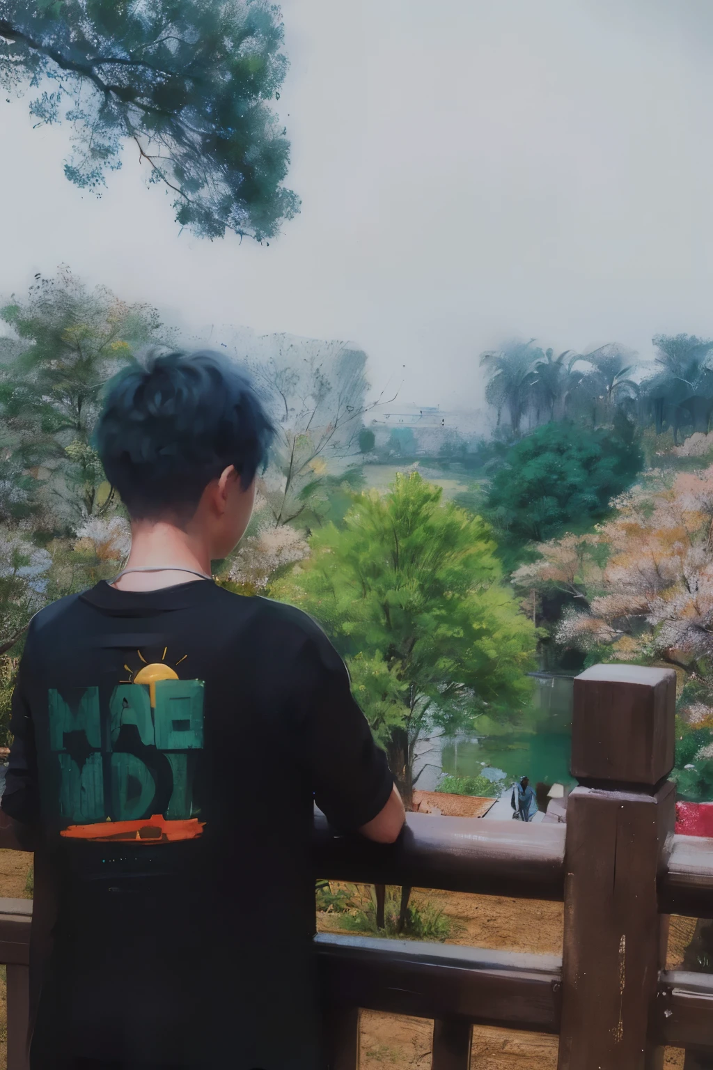 There a person looking at the scenery of the park, Set in the park, park in background, There a park behind, Against the backdrop of a city, trees in background, in front of a forest background, in nature, standing in a botanical garden, ruins in the background, Cooldown time. Good view, i suit it