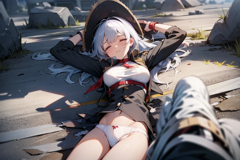 (perfect anatomy, fallen down on ground, killed in action, multiple girls, 6+ girls, closed eyes, pain, torn clothes, torn skirt, white panties, big breast, pile of corpse, scenery, landscape, battlefield:1.3)