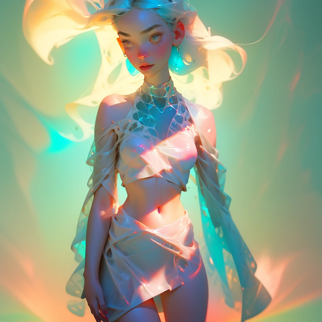 Step into a world of fantasy and wonder with a detailed and visually stunning prompt for a surreal rendering of a milfy-girl in a sheer-croptop-bikini, shining-body from water-sunlight, croptop with sheer clothing translucent fabric, surrounded by soft silky paint, silky lighting featuring a variety of styles and variations to bring your vision to life.
