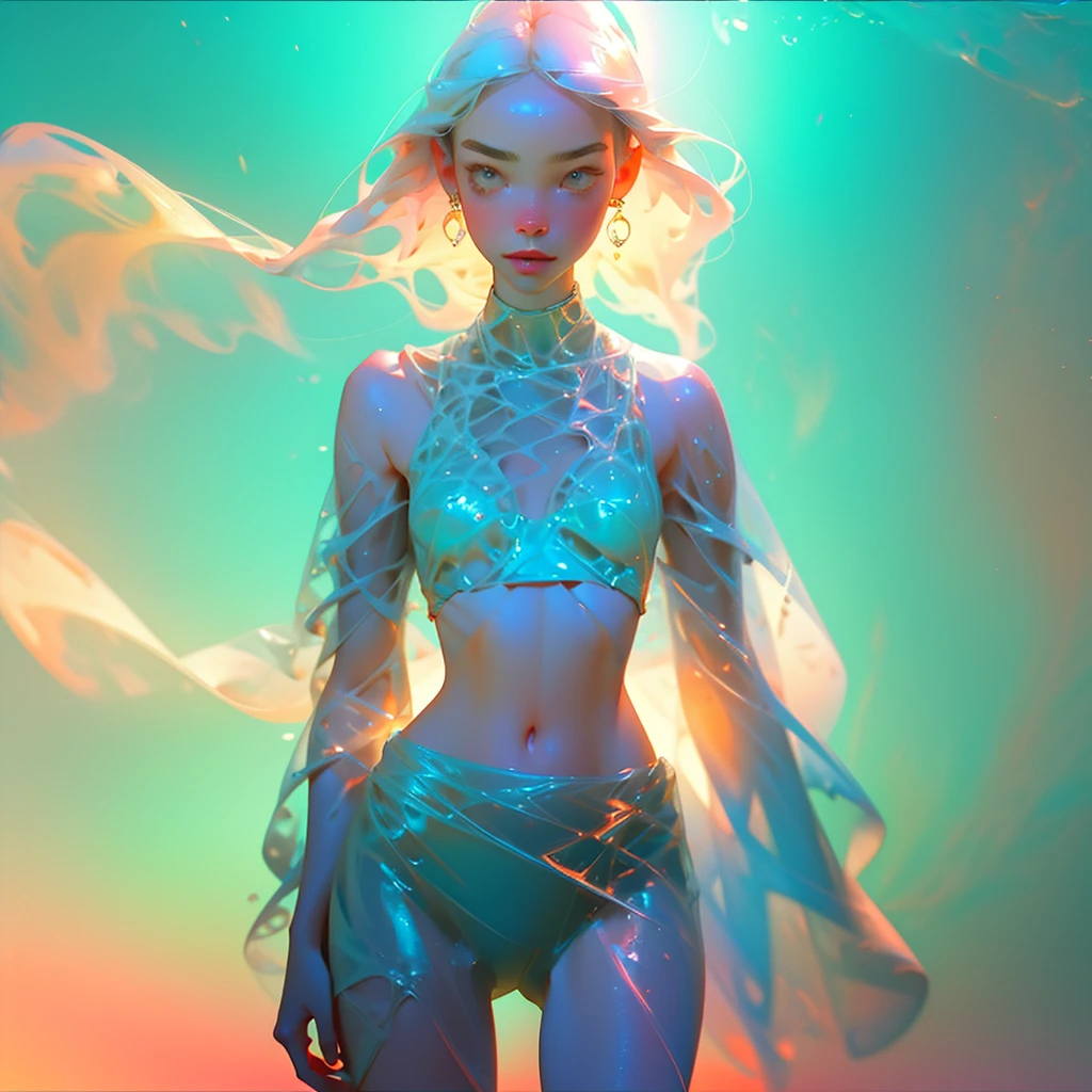 Step into a world of fantasy and wonder with a detailed and visually stunning prompt for a surreal rendering of a milfy-girl in a sheer-croptop-bikini, shining-body from water-sunlight, croptop with sheer clothing translucent fabric, surrounded by soft silky paint, silky lighting featuring a variety of styles and variations to bring your vision to life. 