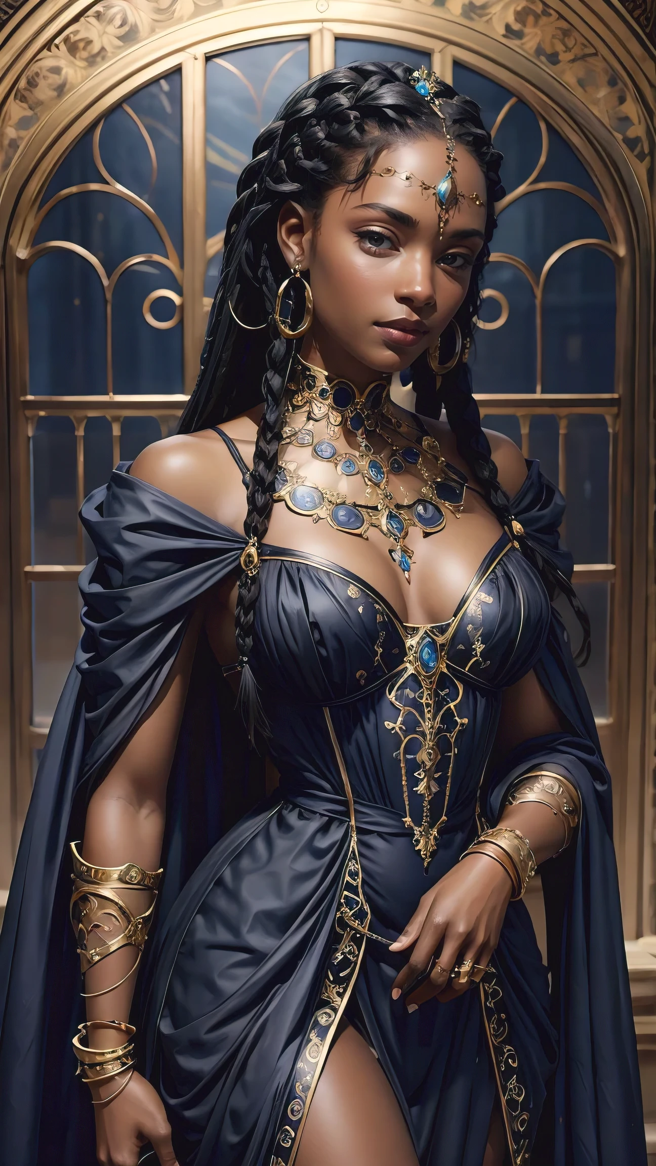 Black model with braids looking beautiful in gold jewelry, blue eyes, in the style of brown and azure, highly realistic, in the style of gothic romance, historical inspiration, meticulous details