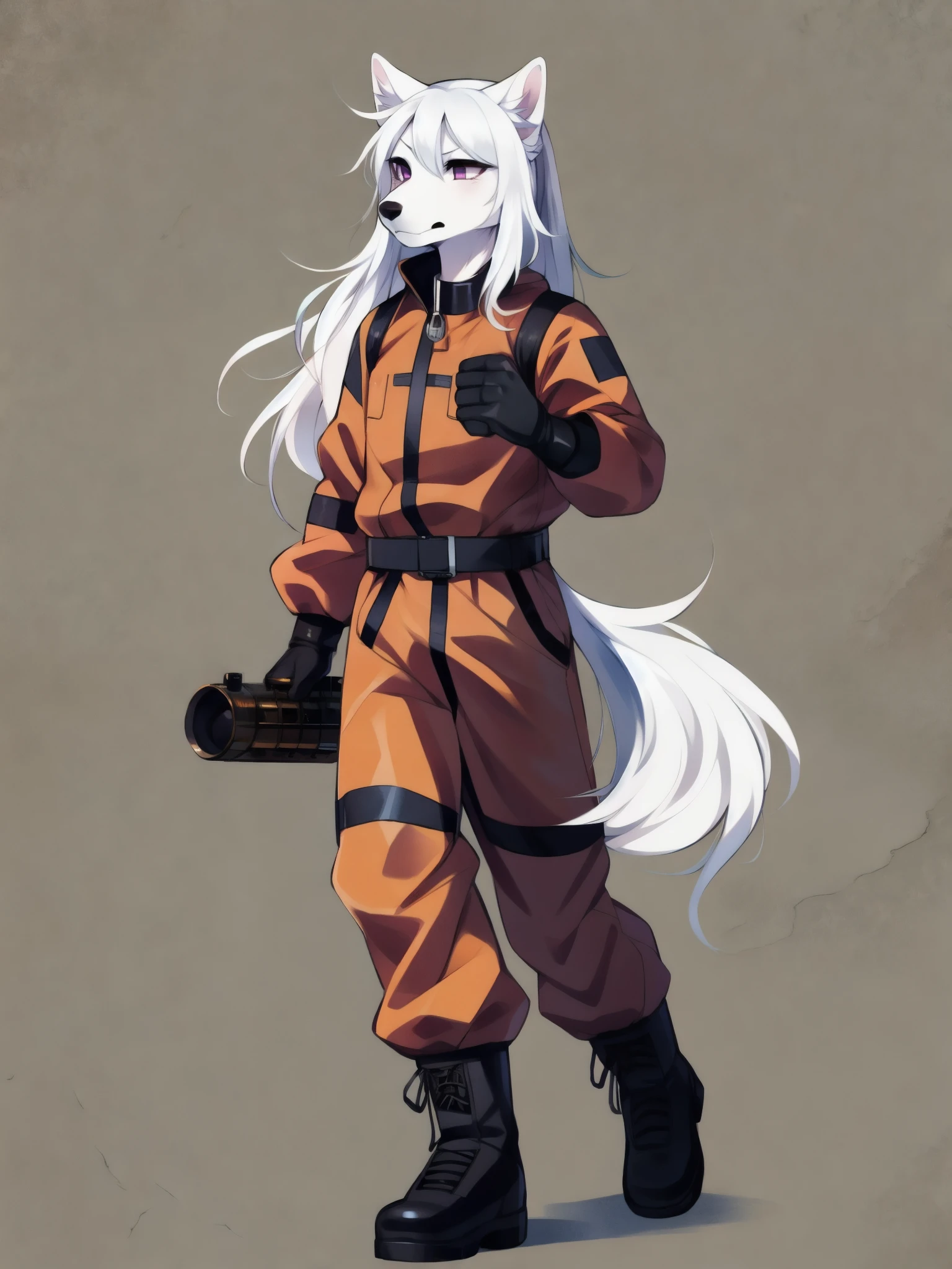white wolf, white wolf ears, cute snout, black nose, long whote hair, white ponytail hair, purple eyes, feminine, wearing plain orange hazmat suit, black boots, black gloves, blank background, serious face, walking towards viewer, looking away, holding an old engine, holding scrap metal, close up, full body shot, by fumiko, by gudlmok99, scared, frightened