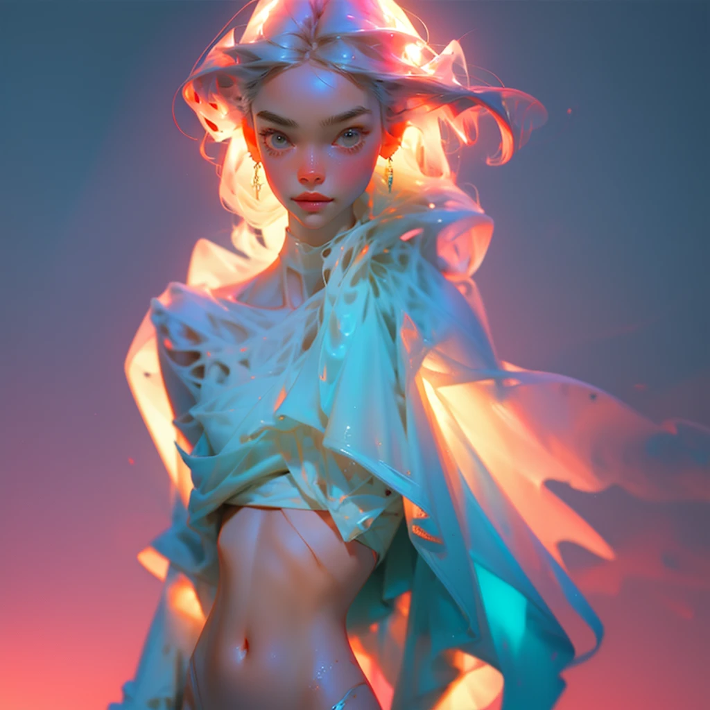 surreal rendering of a milfy-girl in a sheer-croptop-bikini, with shining-body from water-sunlight smooth colors blending together in a dreamlike haze. croptop with sheer clothing translucent fabric, surrounded by soft silky paint, silky lighting in windbreakerstyle