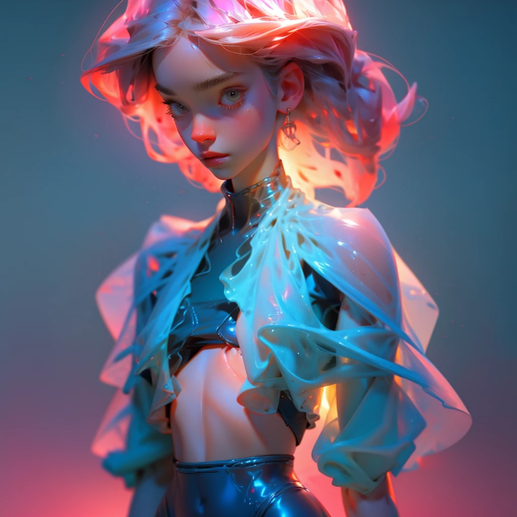 surreal rendering of a milfy-girl in a sheer-croptop-bikini, with shining-body from water-sunlight smooth colors blending together in a dreamlike haze. croptop with sheer clothing translucent fabric, surrounded by soft silky paint, silky lighting in windbreakerstyle