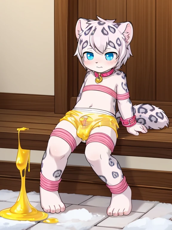 Golden slime rope wrapped around snow leopard cub&#39;s toes，Wear diapers，Pink ankle ring，Pink bracelet，pink collar