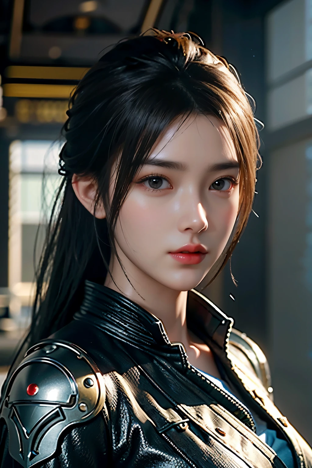 Game art，The best picture quality，Highest resolution，8K，((A bust photograph))，((Portrait))，(Rule of thirds)，Unreal Engine 5 rendering works， (The Girl of the Future)，(Female Warrior)，22岁少女，(Hair random)，(Future-style military wear，A beautiful eye full of detail)，(Big breasts)，(Eye shadow)，优雅迷人，微笑，(皱眉)，(Clothes full of futuristic sci-fi style，Sweater，A delicate pattern，Glittering jewels，Armor，White and red)，赛博朋克人物，未来风格， 拍照姿势，街道背景，Movie lights，Ray tracing，Game CG，((3D Unreal Engine))，oc渲染反射纹