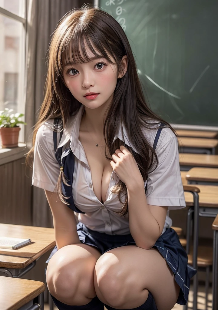 I can see the nipples、shortcut, 1 young girl, beautiful face, (So cute, wonderful face and eyes), realistic, (highest quality:1.4), very detailed CG 統合 8k 壁紙, very detailed, RAW photo, professional photos, realistic portrait, cinematic light, (beautiful breasts), (cleavage:1.2), (School uniform with wide open chest:1.5), (mini skirt:1.3), (No panties:1.3), (squat:1.2), camel toe, indoors, School,  (view from below),