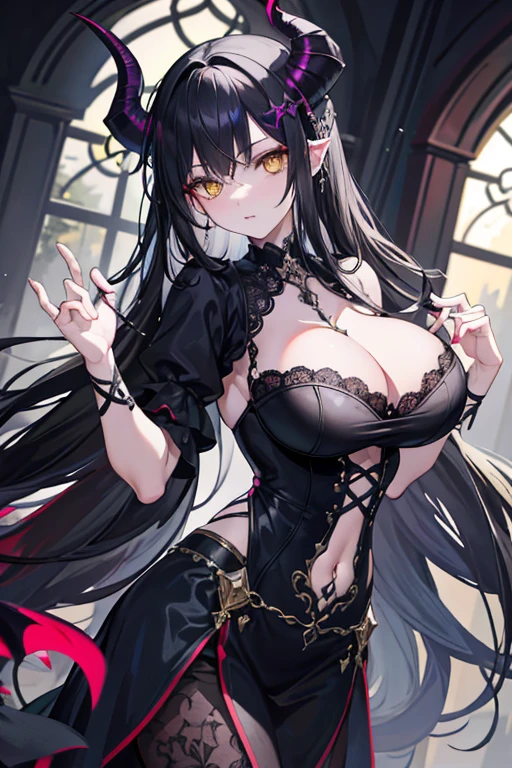 (masterpiece), best quality, expressive eyes, perfect face, a beautiful demon girl with pointed horns with long black hair, yellow eyes, , thin waist, very beautiful, wearing gothic clothes, Dutch angle