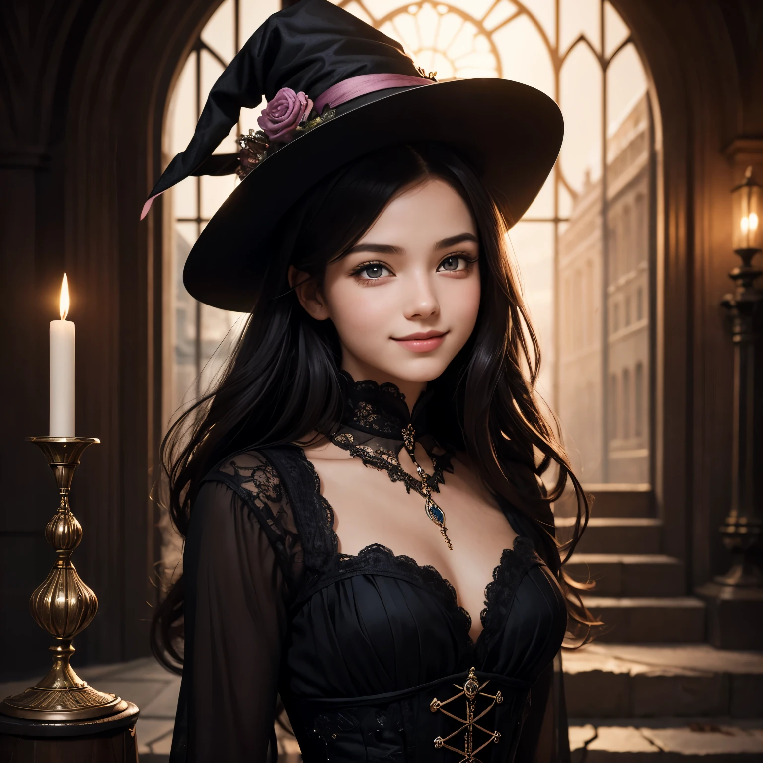 A teenage boy magically transformed into the cute female apprentice of a witch, experiencing a gender-bending ritual. He has enchanting pink eyes and long black hair. This new girl is joyful and smiling. She completely loves her new identity, embracing the gift of femininity bestowed upon her. Her appearance is striking, adorned in a stunning black Victorian dress with intricate details and voluminous skirt that accentuates her beauty. She also wears a pair of high heels. Completing the look, she wears a pointy hat, symbolizing her newfound magical abilities. The artwork depicts the new girl surrounded by an aura of magic and mystery, radiating an aura of confidence and empowerment. The image showcases an artistic style that combines elements of fantasy and realism, highlighting the intricate details of the boy's transformation into a girl. The color palette leans towards pastel shades, enhancing the whimsical and enchanting atmosphere. The lighting in the scene is soft and dreamy, casting a captivating glow on the girl and emphasizing the magical elements. This artwork is of the best quality, with ultra-detailed features and a photorealistic depiction. It captures the imagination and evokes a sense of wonder, inspiring viewers to embrace their own unique identities and embrace the magic within themselves.