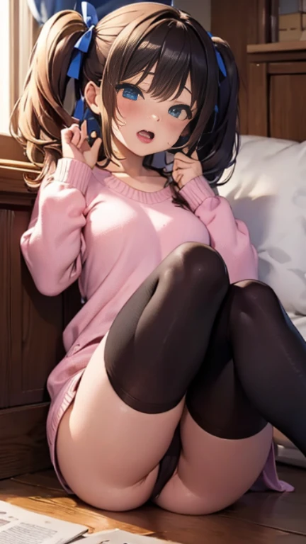 Ahegao、Cumming face、Married woman、(legs up:1.2)、Pink knitwear、short twintail hair