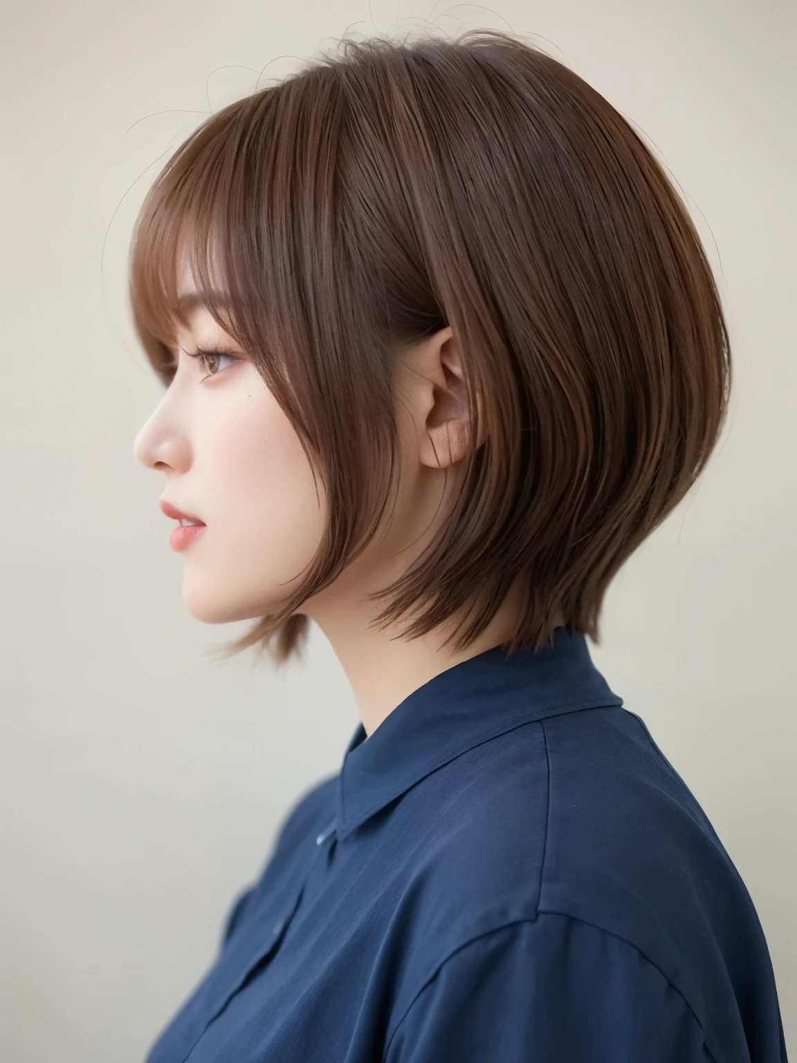 Concrete background、(8K、Raw photo、highest quality、masterpiece:1.2)、High-definition RAW color photo、professional photos、(realistic、フォトrealistic:1.37)、Shot in natural light、1 girl、laughter、(Versatile poses)、squat、squat、break (Ombre:1.3) 、Winter clothes、 necklace、pastel clothing、(Beautiful profile:1.3)、Don't look at the camera、profile、shortcut、((brown hair)、short hair、Eye color dark brown、(Beautiful profile:1.3)、correct hand of human body、Simple piercing