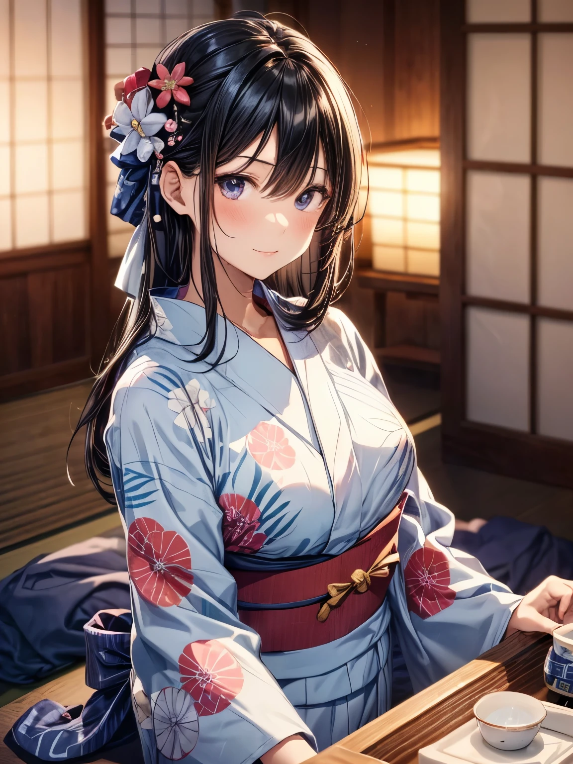 highest quality、complete limbs、full finger、1 beautiful woman、Beauty busty woman:1.3、black haired woman、straight hair woman、((A woman wearing a yukata at an inn:1.5))、Japanese-style room at the ryokan、futon、smile