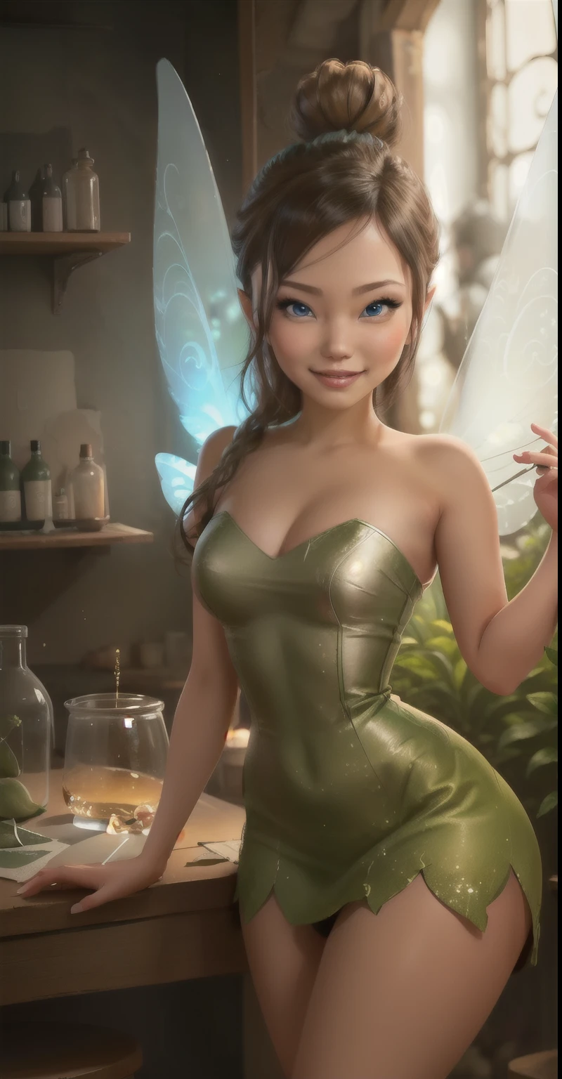 (Tinker Wife:1),Tinker Bell、mini skirt、clear feathers、 smile, cute, cute pose, looking at the viewer, thick thighs, single hair bun hair, short hair, (Strapless Green Dress:1), (fairy wings), sitting, (chest focus:1.2), From above, 
(realistic:1.2), (realism), (masterpiece:1.2), (highest quality), (Super detailed), (8K, 4K, Complex),(full body shot:1),(cowboy shot:1.2), (85mm),particles of light, lit, (very detailed:1.2),(detailed face:1.2), (Gradation), software, colorful,(fine eyes:1.2),
(detailed landscape, in a glass bottle:1.2),(detailed background),detailed landscape, (dynamic angle:1.2), (dynamic pose:1.2), (third law_composition:1.3), (Action range:1.2), wide shot, dawn, alone,