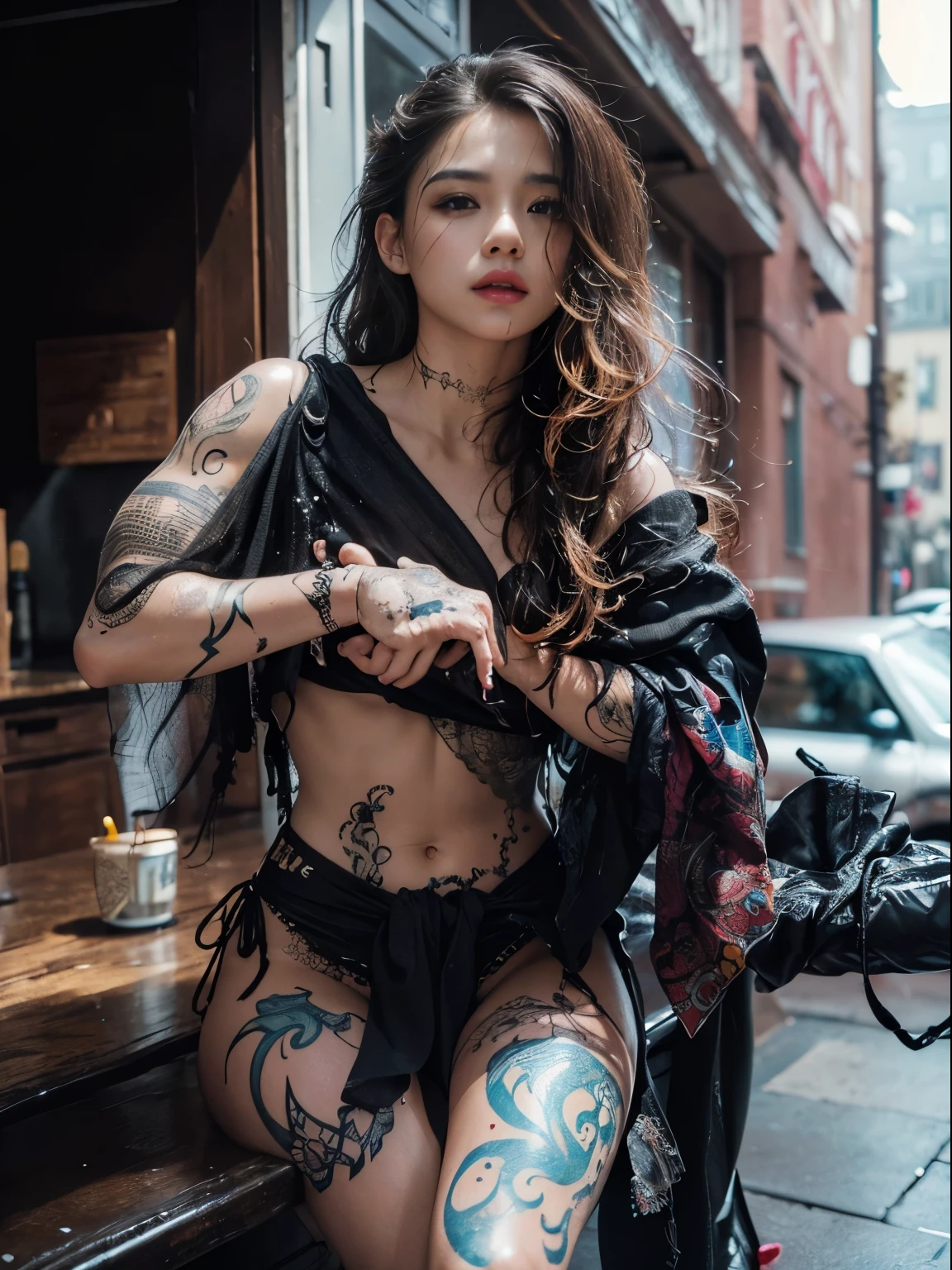 (best quality,photorealistic:1.37),(realistic,highres,ultra-detailed),(tattoo:1.1),(wet hair),(detailed skin texture), (bright colors), (soft lighting), (grunge background), (female model), (close-up), (colorful ink), (body art), (vibrant tattoos), (intricate designs), (dynamic pose), (expressive face), (elegant demeanor), (tattoo artist), (studio setting), (water droplets), (dripping effect), (wavy hair), (fine lines), (shading techniques), (subtle highlights), (glistening skin), (smooth complexion), (depth and dimension), (captivating eyes), (ornate patterns), (bold contrast), (varied textures), (meticulous attention to detail), (artistic expression), (unique style), (masterpiece creation), (showcasing skill and talent)