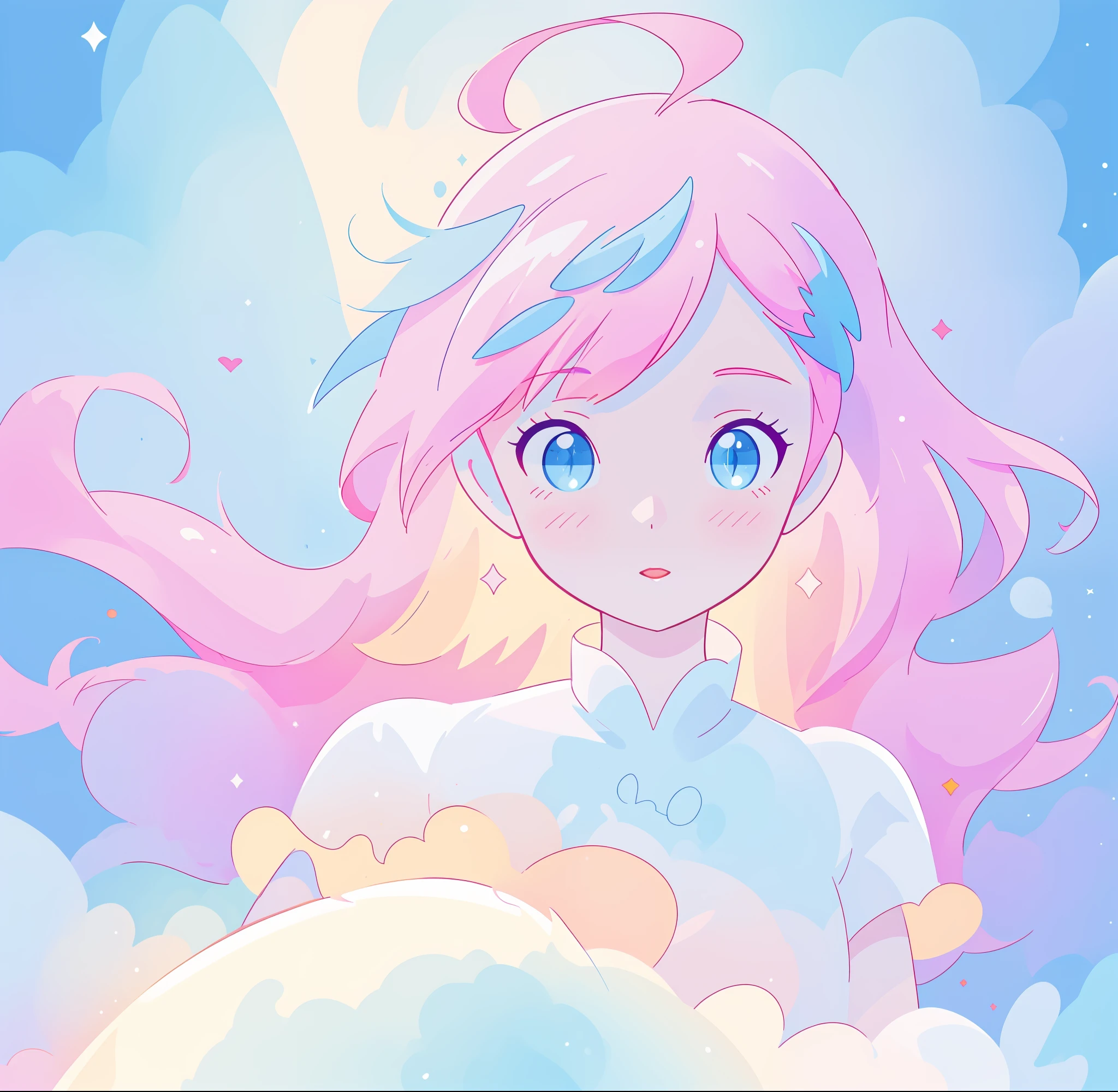 beautiful girl in sparkling white puffy dress, vibrant pastel colors, (colorful), magical lights, long flowing colorful pink hair, otherworldly aqua and blue landscape background, inspired by Glen Keane, inspired by Lois van Baarle, disney art style, by Lois van Baarle, glowing aura around her, by Glen Keane, jen bartel, glowing lights! digital painting, flowing glowing hair, glowing flowing hair, beautiful digital illustration, fantasia background, whimsical, magical, fantasy, beautiful face, ((masterpiece, best quality)), intricate details, highly detailed, sharp focus, 8k resolution, sparkling detailed eyes, liquid watercolor