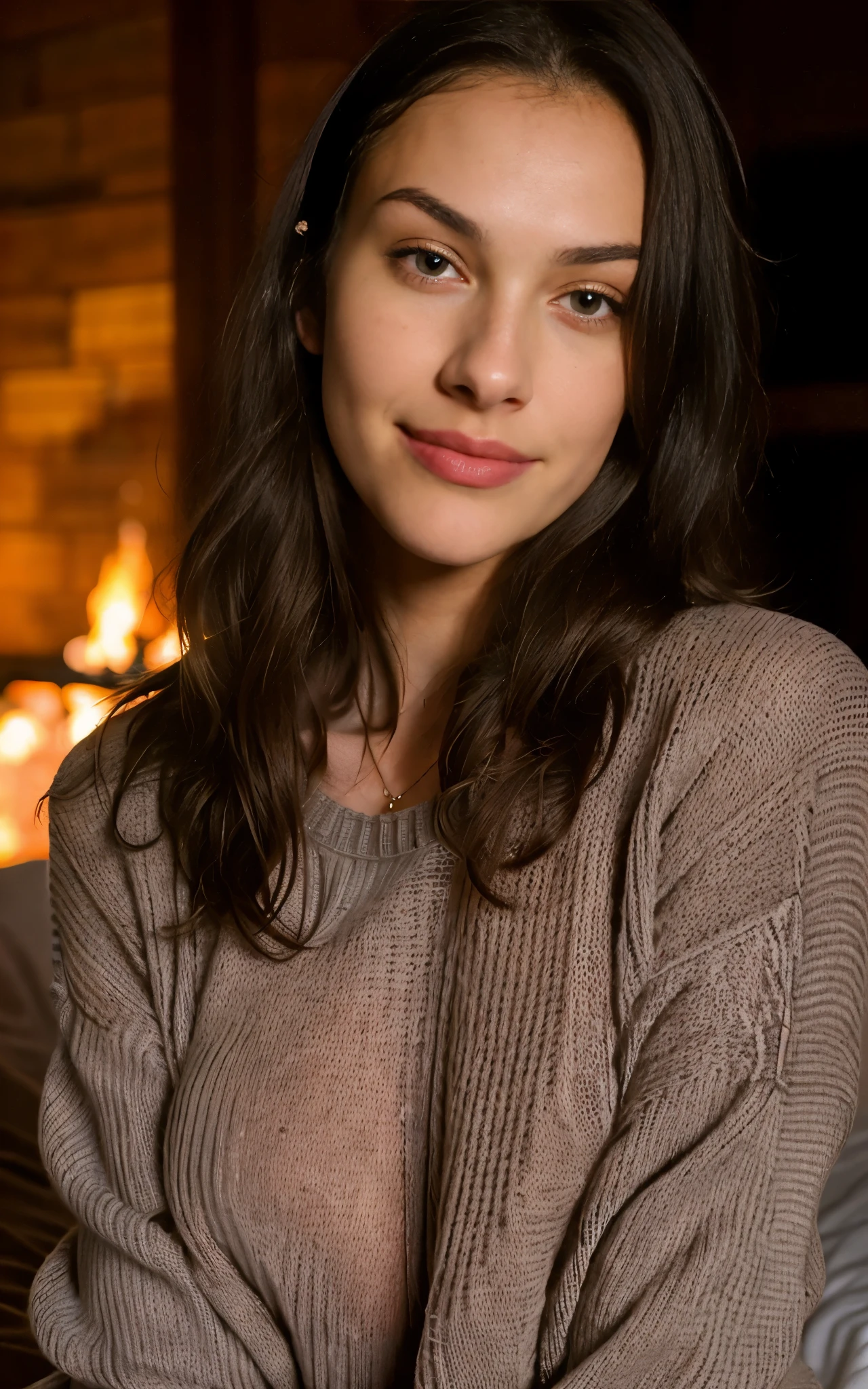 ((best quality)), ((masterpiece)), (detailed), perfect face, punk hair, naked, laying on white fur rug, fireplace, low lighting
