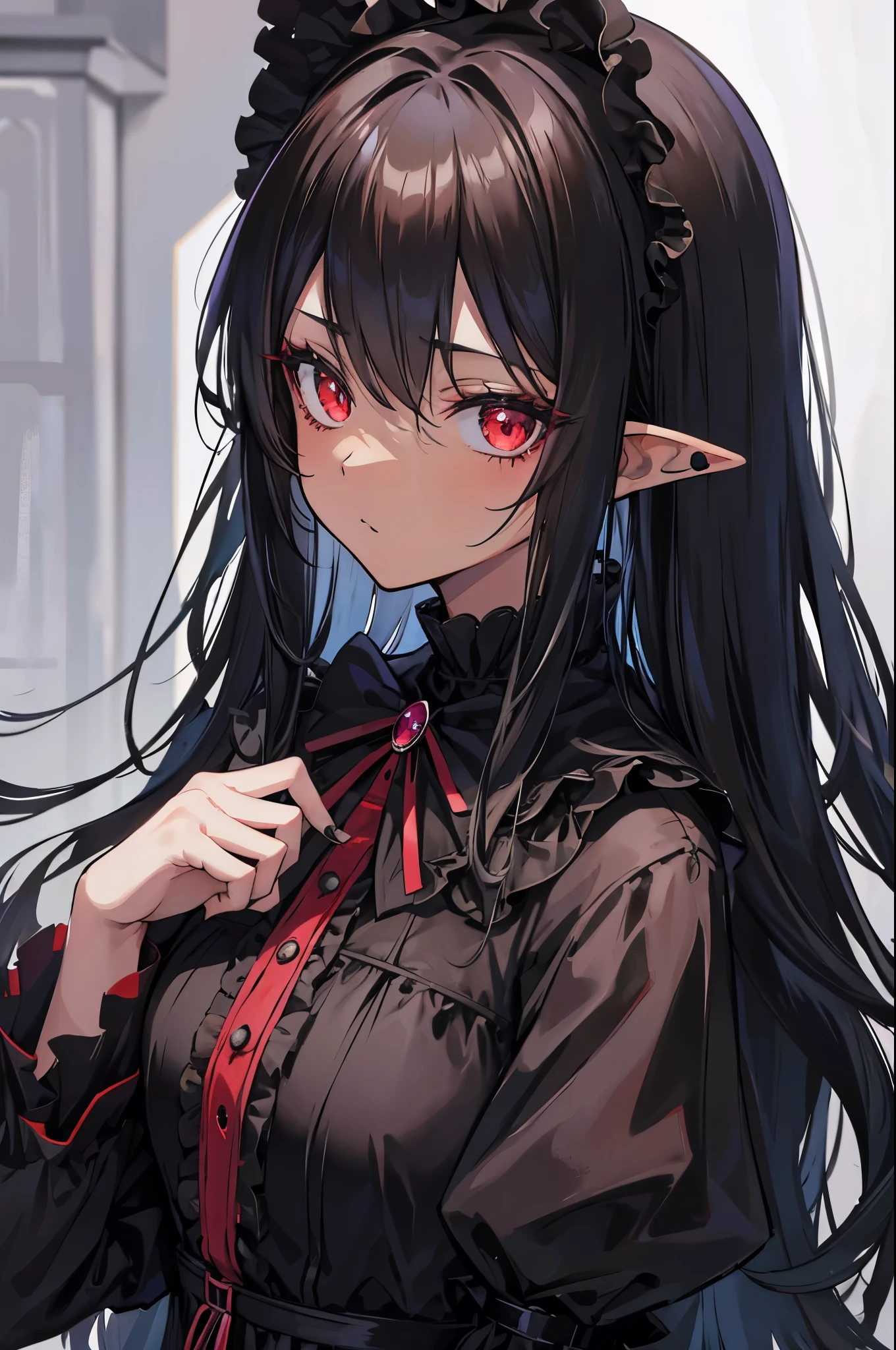 anime, goth girl, elf ears, emo girl, long hair, lolita hair, (brown skin, dark skin), gothic dress, black dress, victorian dress, gothic art style, in a mansion, Long silky black hair hanging down to the back, bangs, long black hair, ruby red eyes, black mascara, black gothic dress, long elf ears, dark red lipstick