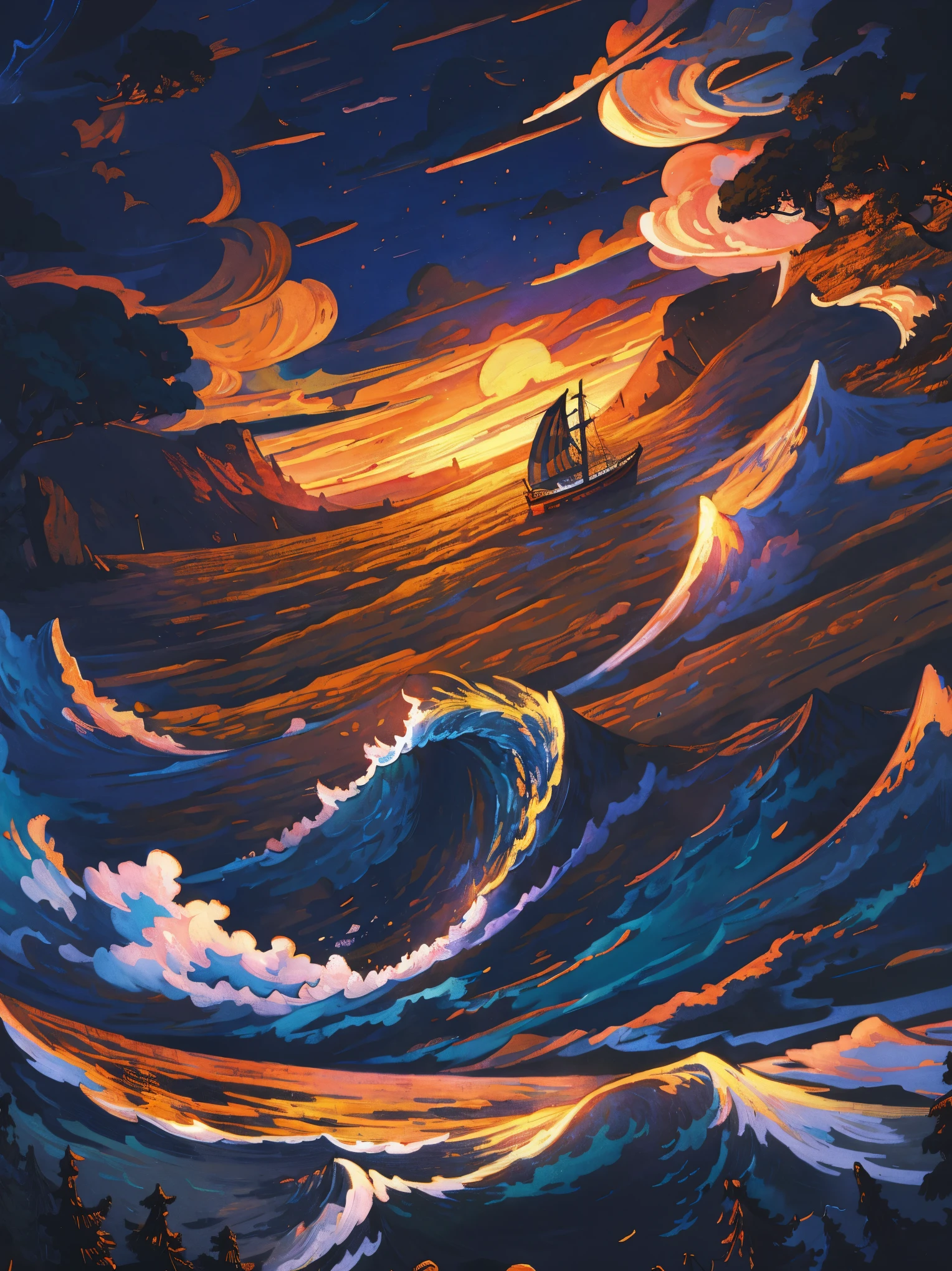 Real picture(illustration)Landscape painting,acrycle painting,Brush Strokes,With unparalleled realism,ultrawide,ominous skies,Sail ships,Wooden boats,Lotus,Huge waves,Starry night,Harry Potter,voluminetric lighting,Clearing,Realistic,james gurney,art stations,((The oil paint on was applied))