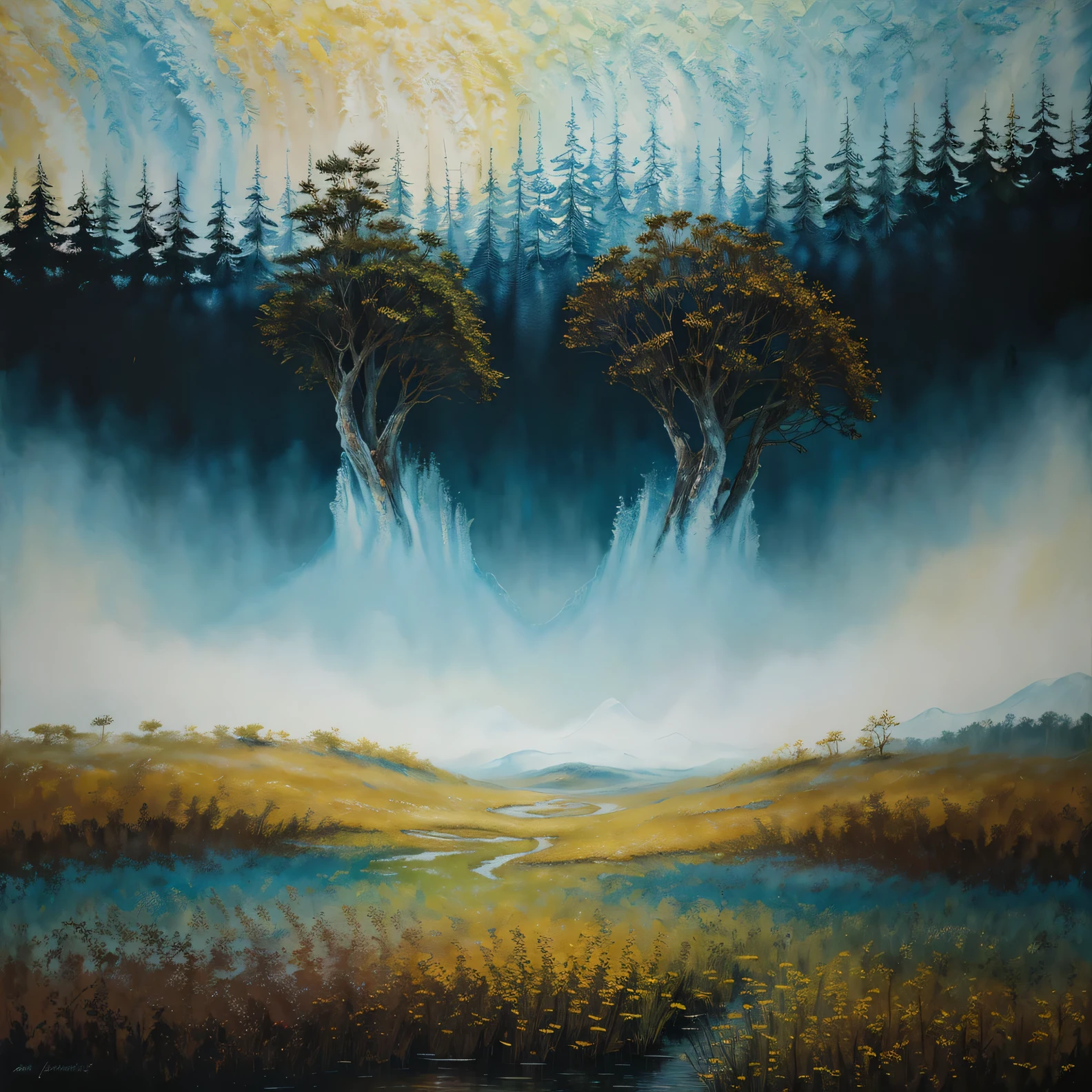 detailed abstract environmental painting, best quality, ultra-detailed, (realistic:1.37), vibrant colors, fine brushwork, texture, acrylic on canvas, nature-inspired, atmospheric, immersive, textured landscape, dreamlike, otherworldly, surreal, ethereal lighting, flowing shapes, organic forms, soft edges, vibrant hues, contrasting colors