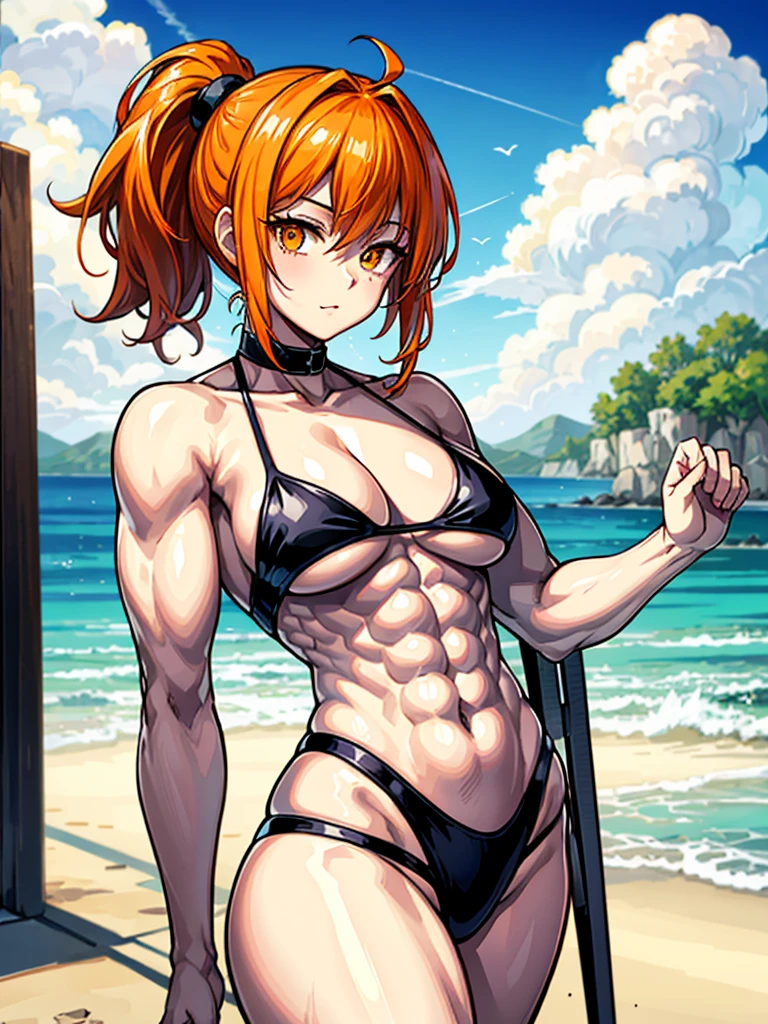 （（（masterpiece、Highest image quality、highest quality、highly detailed unity 8ｋwallpaper）））、（（Illustration of one girl））、（（（beautiful girl）））、（（orange hair、side ponytail：1.4、sidelocks：1.6、orange eyes））、（（（stocky build：1.5, thickset physique：1.6, muscular legs, broad shoulders：1.6, solid chest：1.5）））、swimsuit、sandy beach