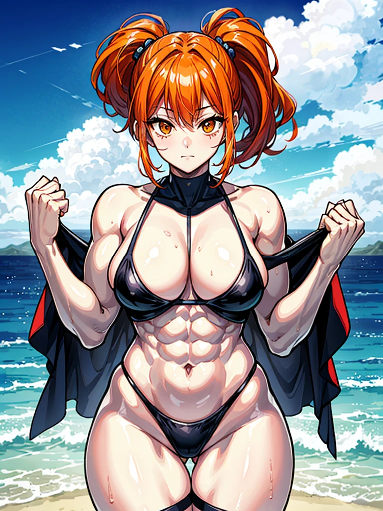 (((masterpiece、Highest image quality、highest quality、highly detailed unity 8kwallpaper)))、((Illustration of one girl))、(((beautiful girl)))、((orange hair、side ponytail:1.4、sidelocks:1.6、orange eyes))、(((stocky build:1.5, thickset physique:1.6, muscular legs, broad shoulders:1.6, solid chest:1.5)))、swimsuit、sandy beach