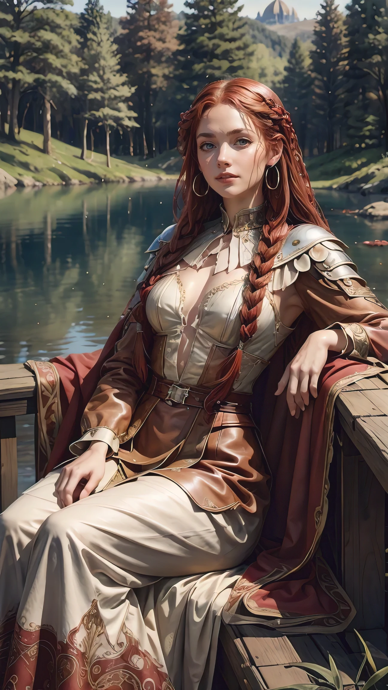 A beautiful woman sitting near a lake with red braids, in the style of jessica drossin, wendy froud, dark white and brown, ivanovich pimenov, detailed facial features, porcelain, casting a small amount of fire magic, warriors leather outfit, 15th century