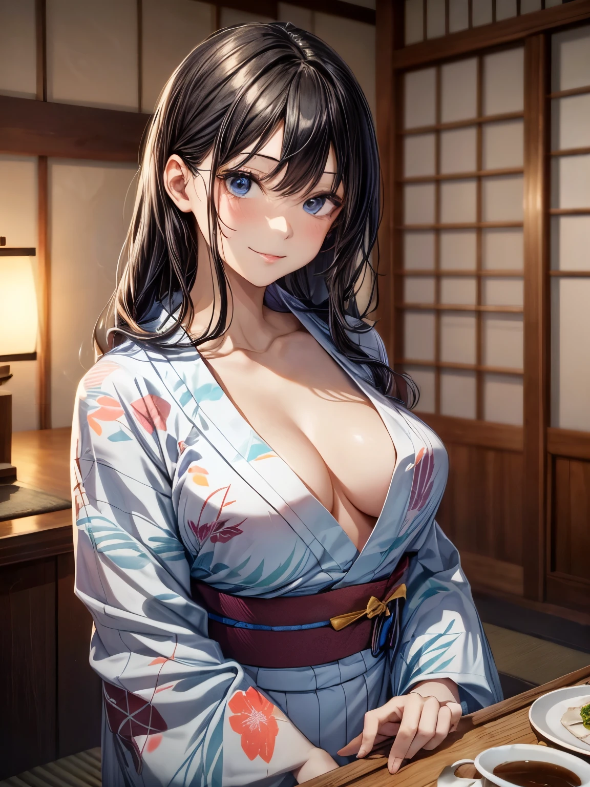 highest quality、complete limbs、full finger、1 beautiful woman、Beauty busty woman:1.3、black haired woman、medium hair woman、((A woman wearing a yukata at an inn:1.5))、Japanese-style room at the ryokan、futon、smile、naughty pose