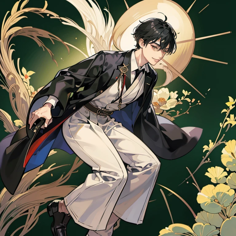 A 35 years old Japanese gentleman, wearing a white dress shirt, brown kimono(without any decoration ), a ((black)) long mantle, a boots, a black simple hat, fearless smile, has a closed Japanese traditional fan, in Taisho era, standing with his arms folded, sharp pale green eyes, very short black hair, 