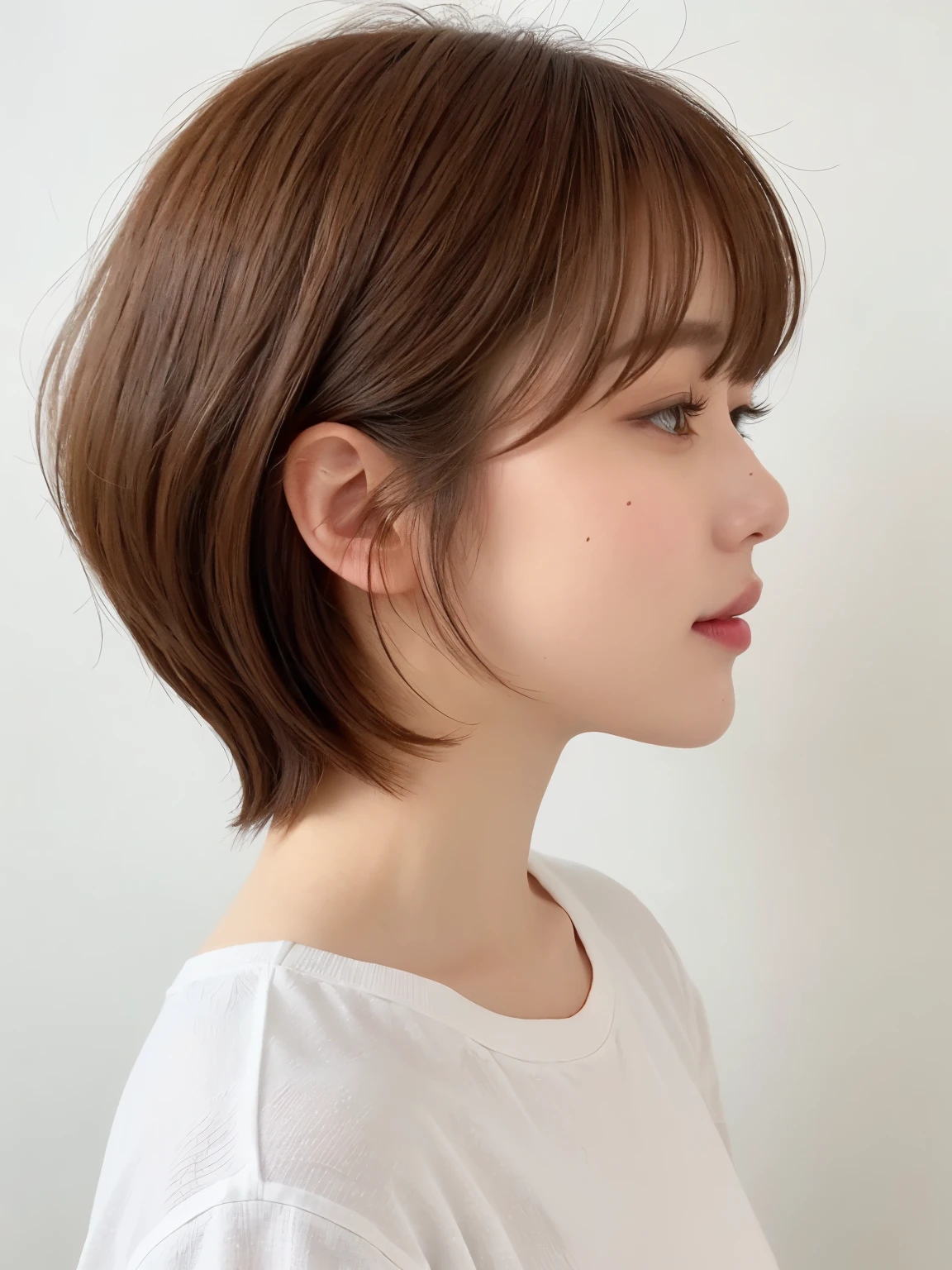 white concrete background、(8K、Raw photo、highest quality、masterpiece:1.2)、High-definition RAW color photo、professional photos、(realistic、フォトrealistic:1.37)、Shot in natural light、1 girl、laughter、(Versatile poses)、squat、squat、break (Ombre:1.3) 、Winter clothes、 necklace、pastel clothing、(Beautiful profile:1.3)、Don't look at the camera、profile、shortcut、((brown hair)、short hair、Eye color dark brown、(Beautiful profile:1.3)、correct hand of human body、Simple piercing