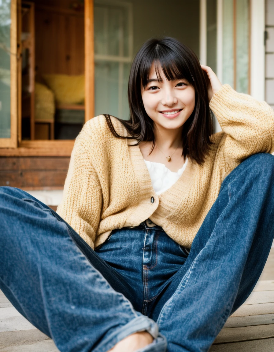 Japanese beautiful girl、、hatsuharu、beige cardigan、Spinning、black hair、bitter smile、jeans、
