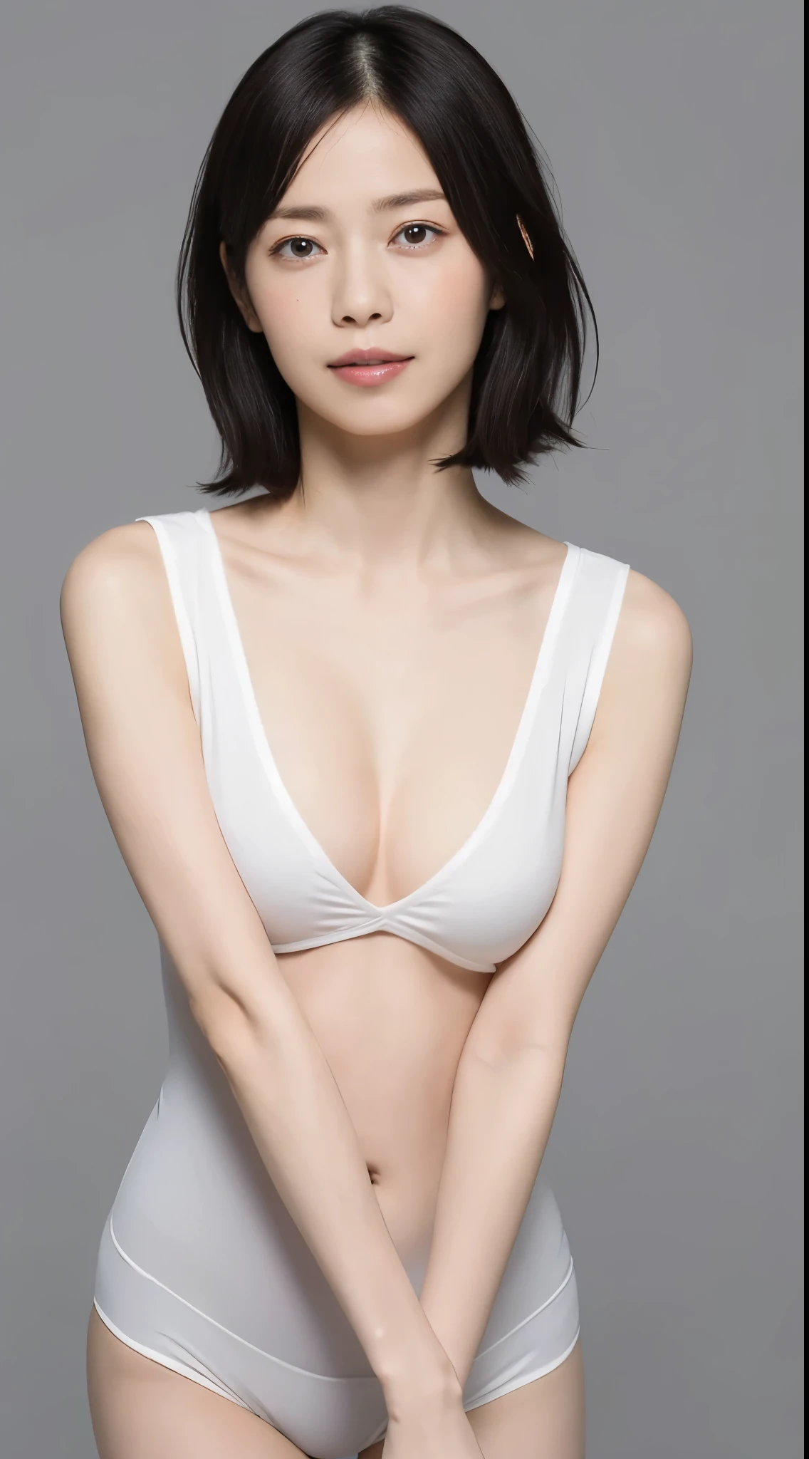 Japanese, Women of short stature, petite physique, Medium build, medium height, slightly plump, Short arms, single eyelid, long slit eyes, Ephemeral atmosphere, 30-year-old girl, black bob hair, ((thin lips)), white top and bottom underwear, muste piece, best quality, detailed skin, detailed eyes, ,8K, good anatomy, upper body portrait