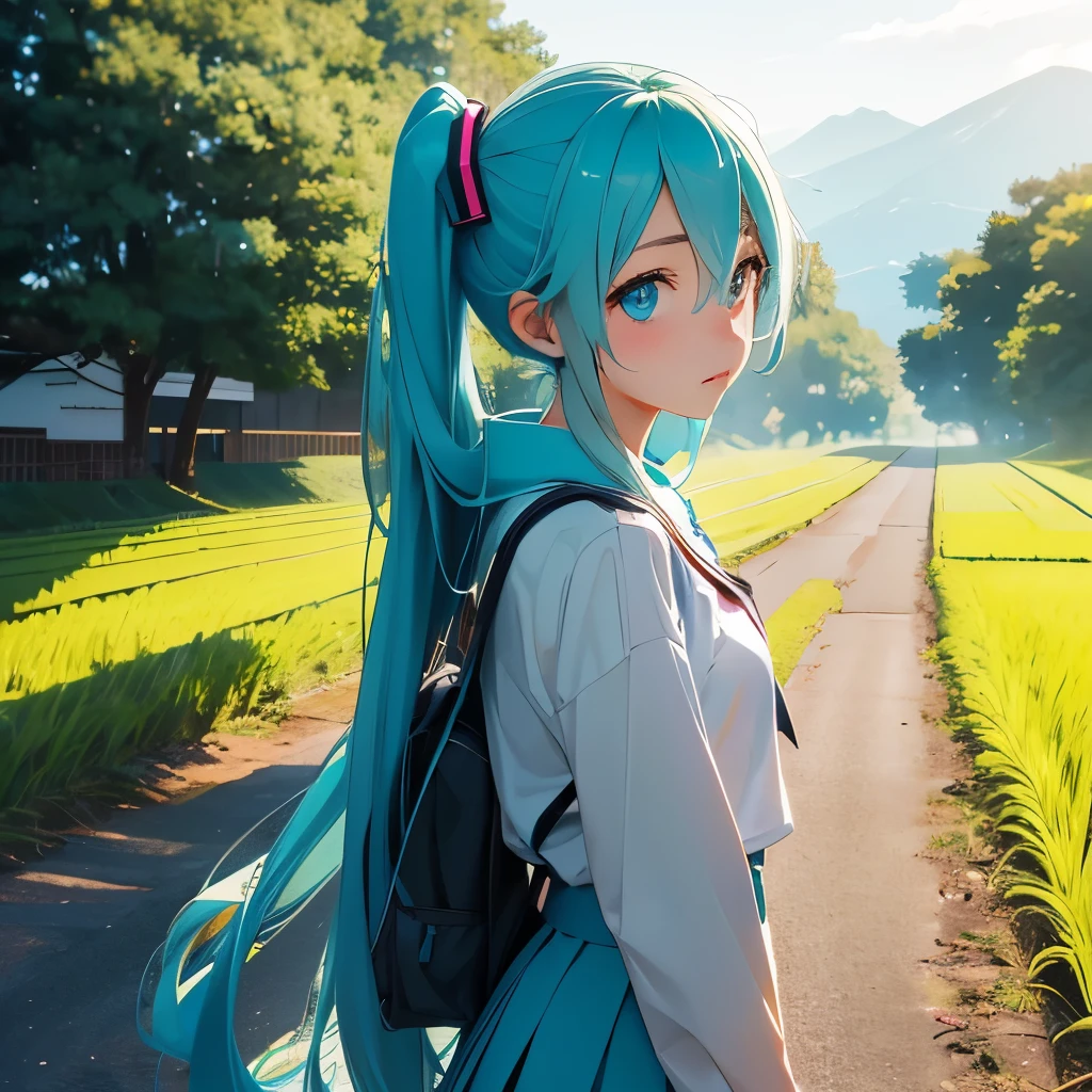 highest quality, expressive eyes, perfect face, 1 girl, alone,Hatsune Miku、high school uniform、evening、japanese countryside、Rice field road