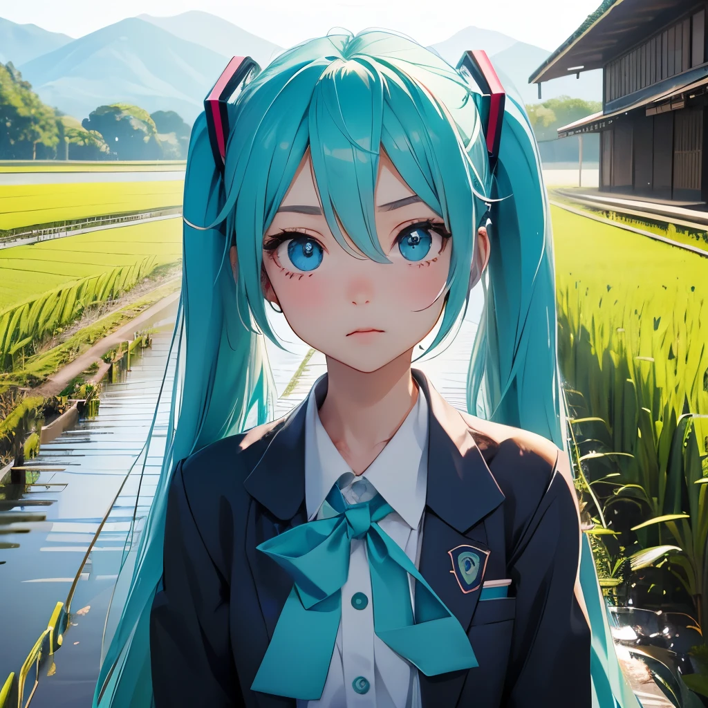 highest quality, expressive eyes, perfect face, 1 girl, alone,Hatsune Miku、high school uniform、evening、japanese countryside、Rice field road