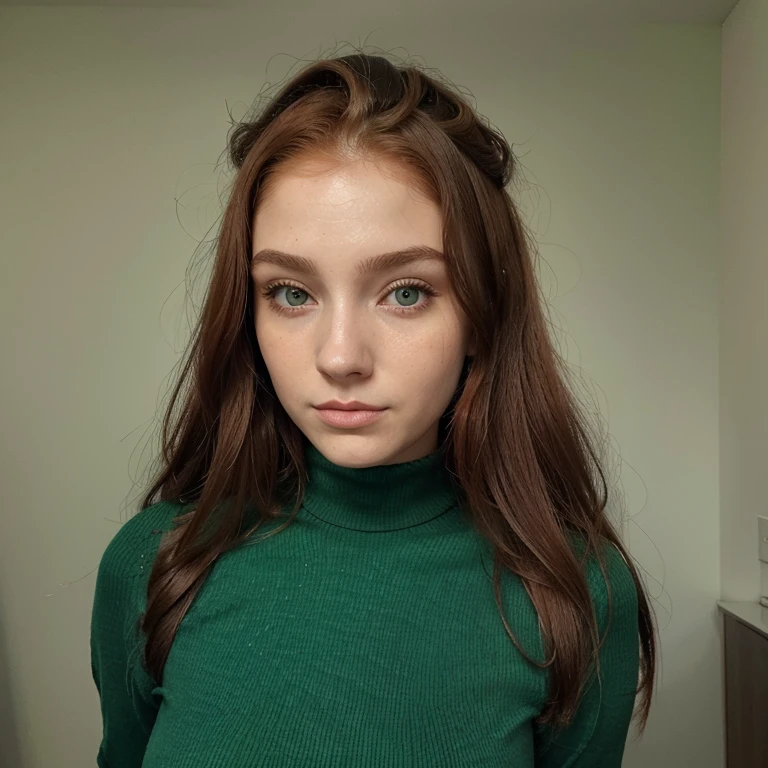 Uma menina de 17 anos com os cabelos longos ondulados e ruiva, com uma beleza surreal olhos verdes e sardas no rosto, que transparece no rosto dela um personalidade forte, mysterious and also friendly, Que esteja vestindo um vestido