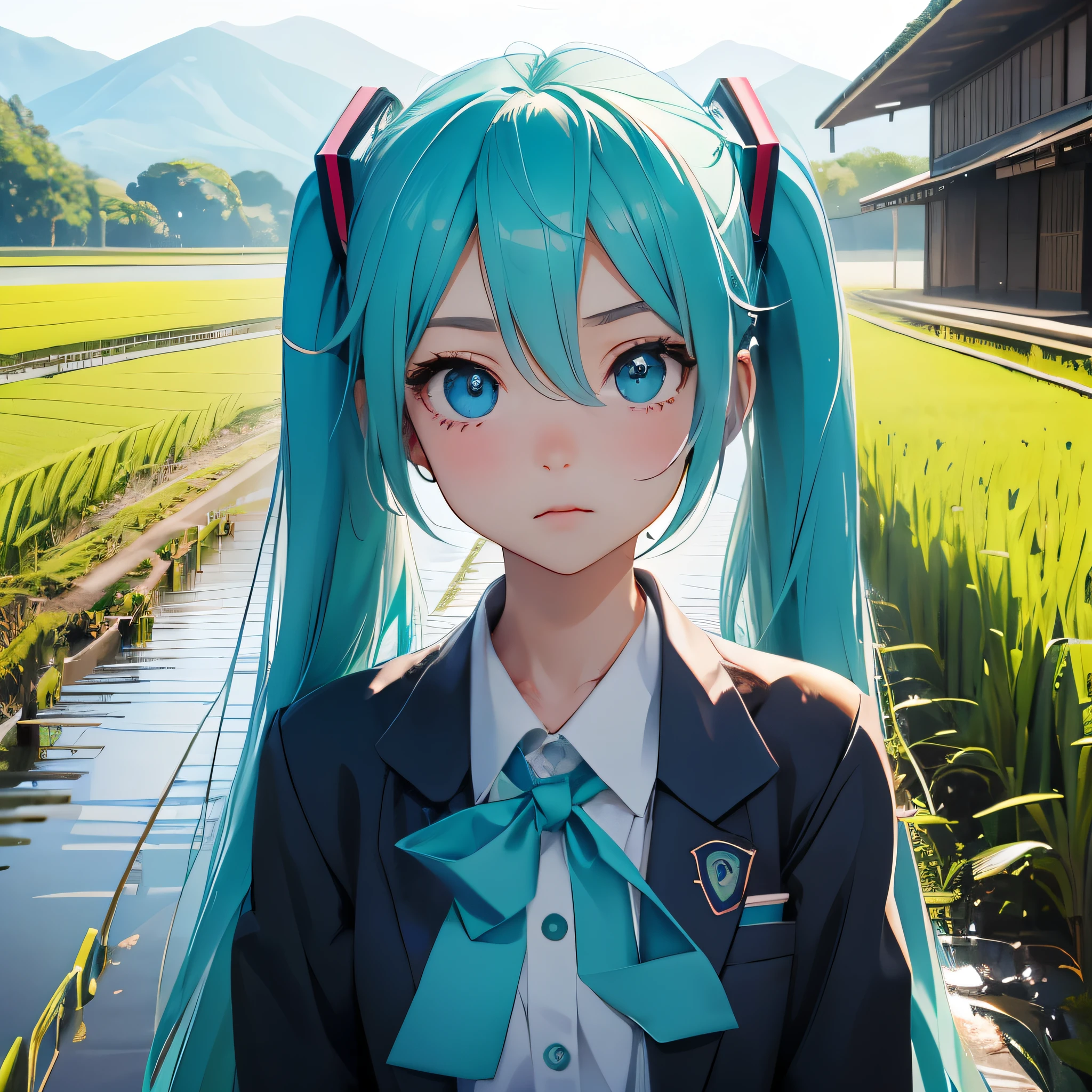 highest quality, expressive eyes, perfect face, 1 girl, alone,hatsune miku、high school uniform、evening、japanese countryside、Rice field road