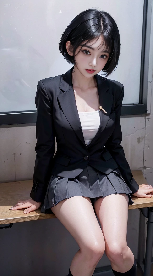 anime, estilo anime de mujer realist, (charming monkey: 1), 18 year old girl, (gray blazer, tape, folding mini skirt, socks, private school uniform: 1.2), secondary classroom, beautiful details of the eyes, (eye size: 3/4) face light, ((full body photo: 1.2)), particularly strong light, (upper grade, smile: 1.2), shiny skin, (((black hair, cabello bob: 1.2))), (thick thighs), Ulchan-6500-v1.1: 0.2, shy, (flash: 1.2), NSFW , (swollen), ((seductive posture: 1.2, Charm: 1.2)), (inactive), (sitting at the desk in the classroom: 1.2)), ((excellent anatomy: 1.2)), ((Bright and refreshing classroom, blurred background: 1.2)), perfect face, Cute and symmetrical face, (high angle shot: 1.2)s., natural side lighting, ((8K, photo raw, excellent quality, masterpiece), High-resolution RAW color photos Professional close-up photos, (realist, photorealism: 1.37), (highest quality), (best shadow best illustration), clavicle ((big thing)), ((erotic, sexy, ultra high resolution, 8K HD unified CG wallpaper, physical manifestation, movie lighting), canon eos r50 camera 50mm lens